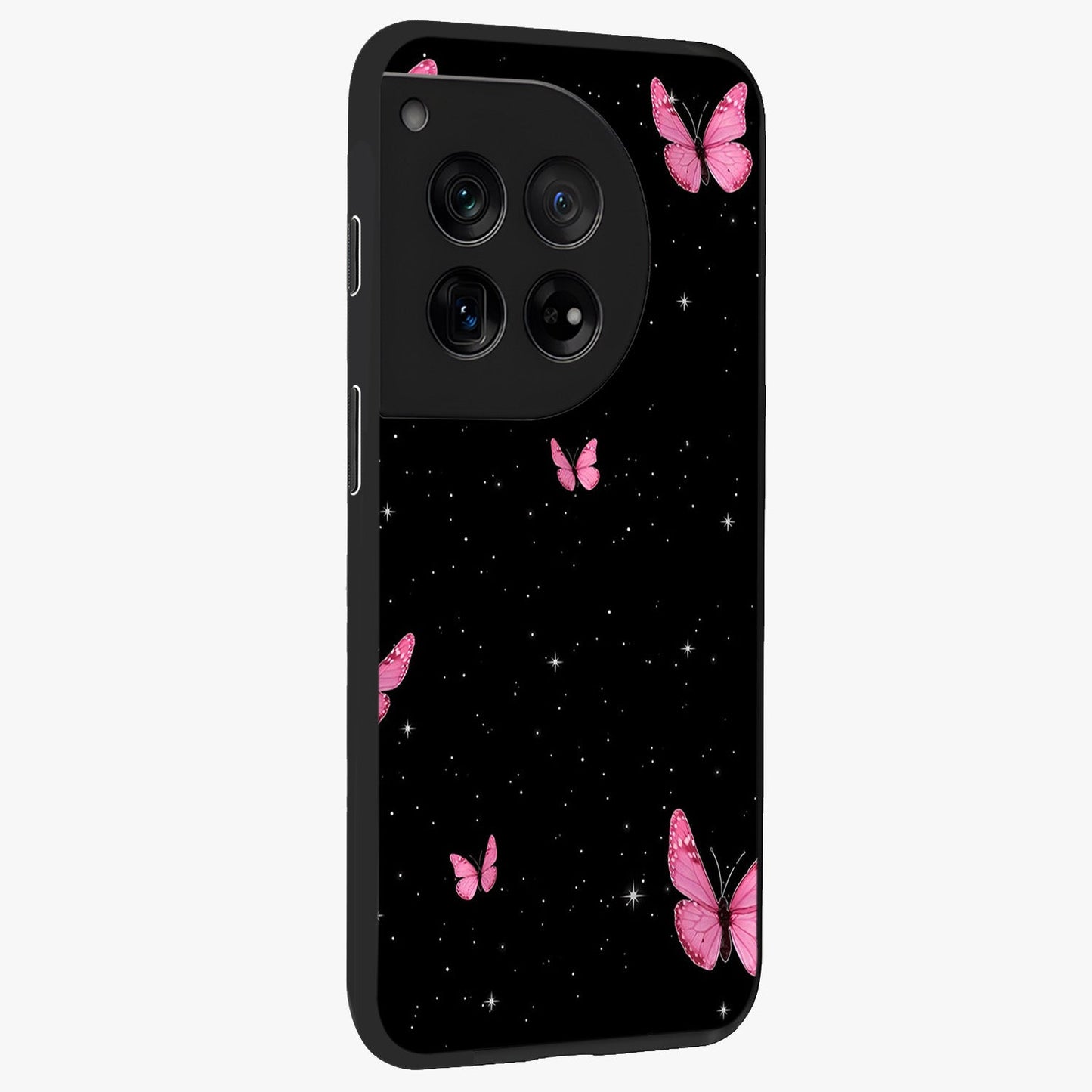 Blinking Butterfly Glass Case for 1+12 displayed upright for graceful aesthetic visibility and premium finish.