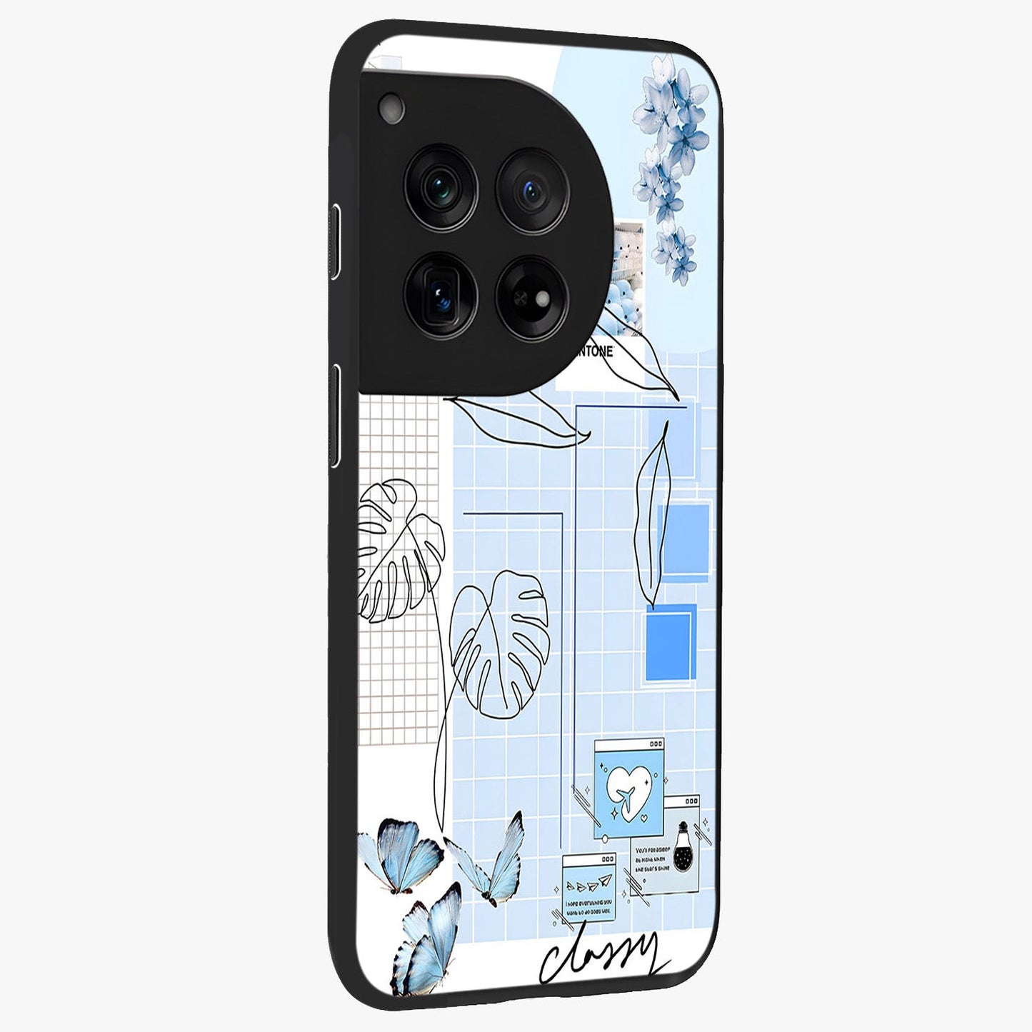 Blue Aesthetic Flower Glass Case for 1+12 side perspective highlighting calming blue tones and premium detailing