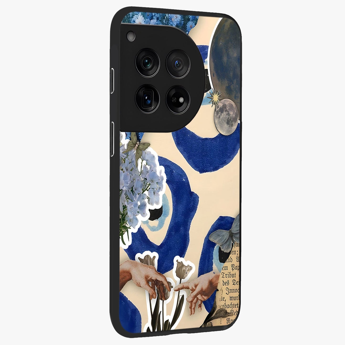 Blue Evil Divine Glass Case for 1+12 side perspective highlighting protective charm detailing and smooth premium edges