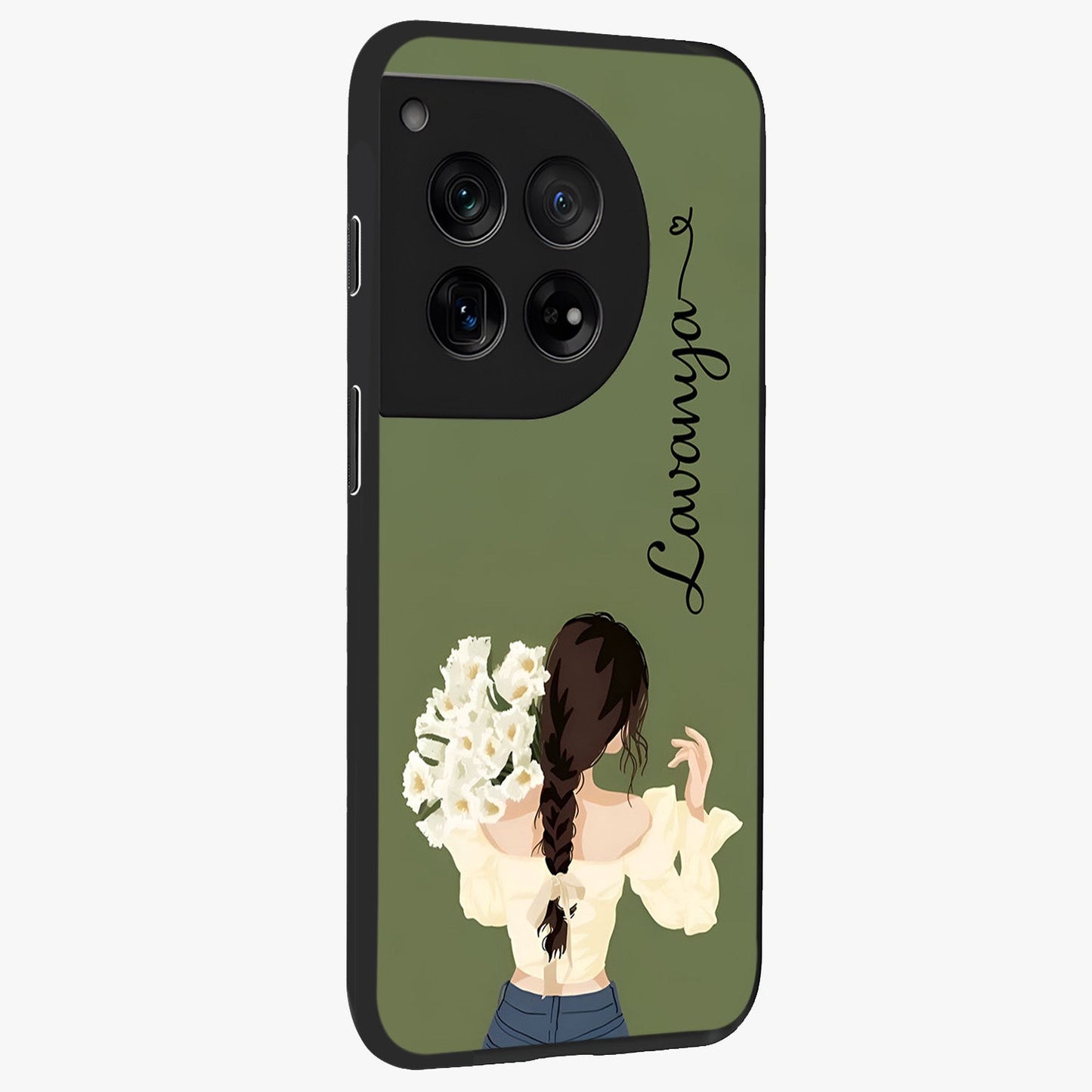 Braided Spring Beauty With Custom Name Glass Case for 1+12 side perspective highlighting custom name typography and smooth edges