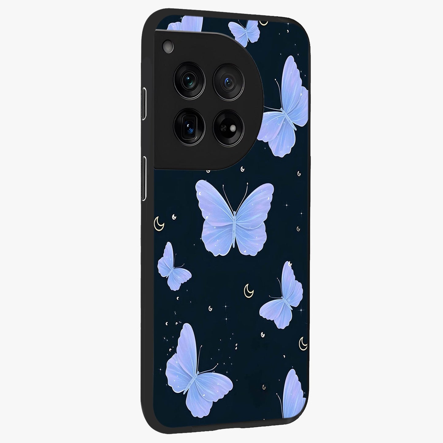 Butterfly With Stars Pattern Glass Case for 1+12 side perspective highlighting glowing star details and premium edges