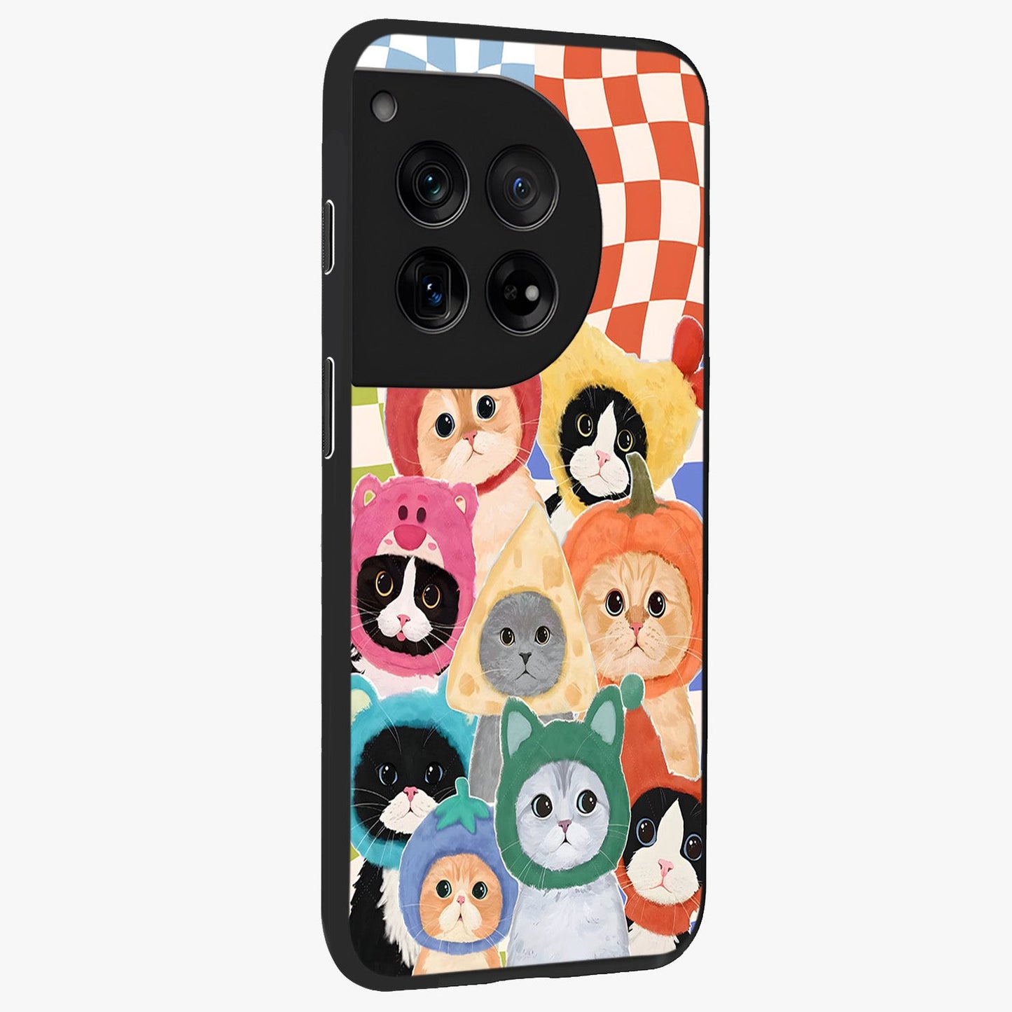 Cats in Fruits Glass Case for 1+12 side perspective highlighting fun detailing and premium smooth edges