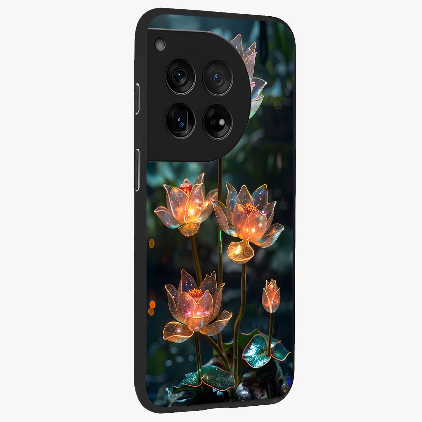 Celestial Lotus Light Glass Case for 1+12 side perspective highlighting delicate lotus detailing and premium finish