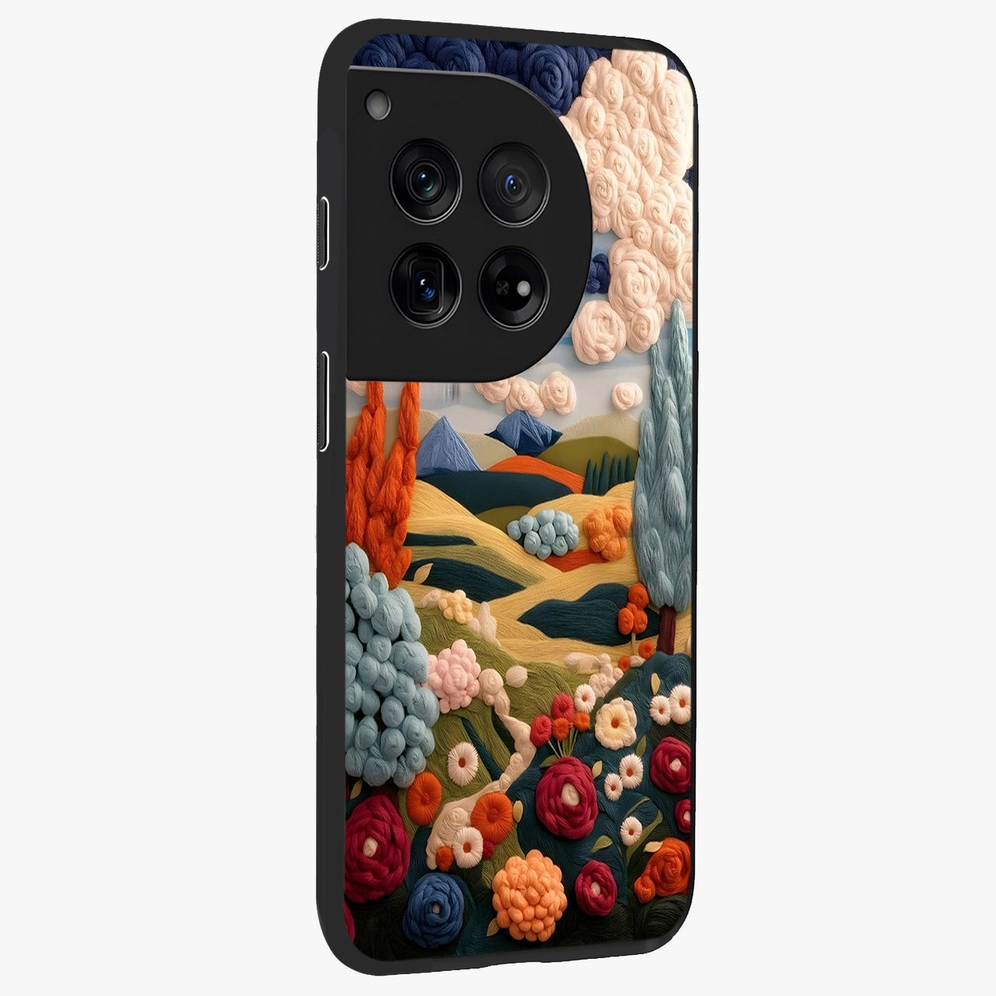 Cloud Cotton Meadows Printed Glass Case for 1+12 side perspective highlighting smooth edges and delicate meadow detailing