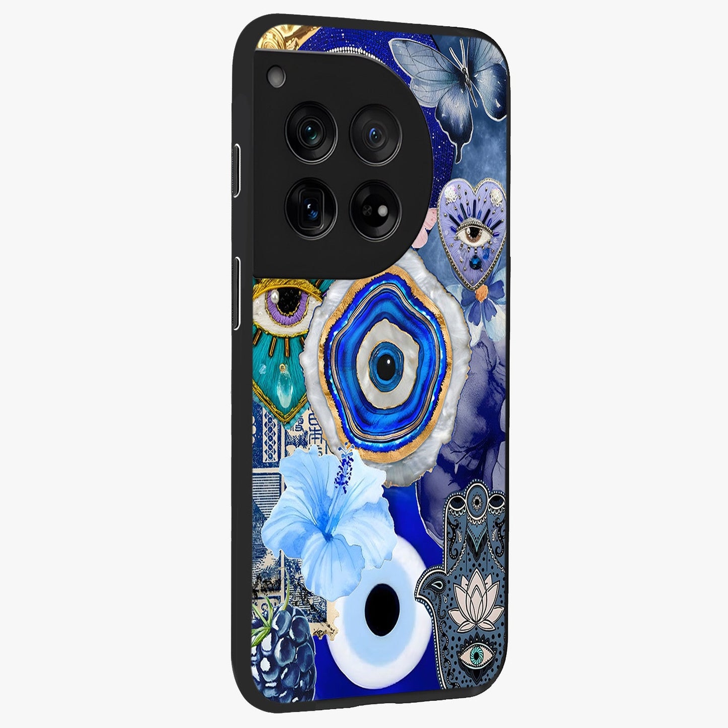 Crimson Evil Eye Charm Glass Case for 1+12 side perspective highlighting intricate charm design and smooth edges