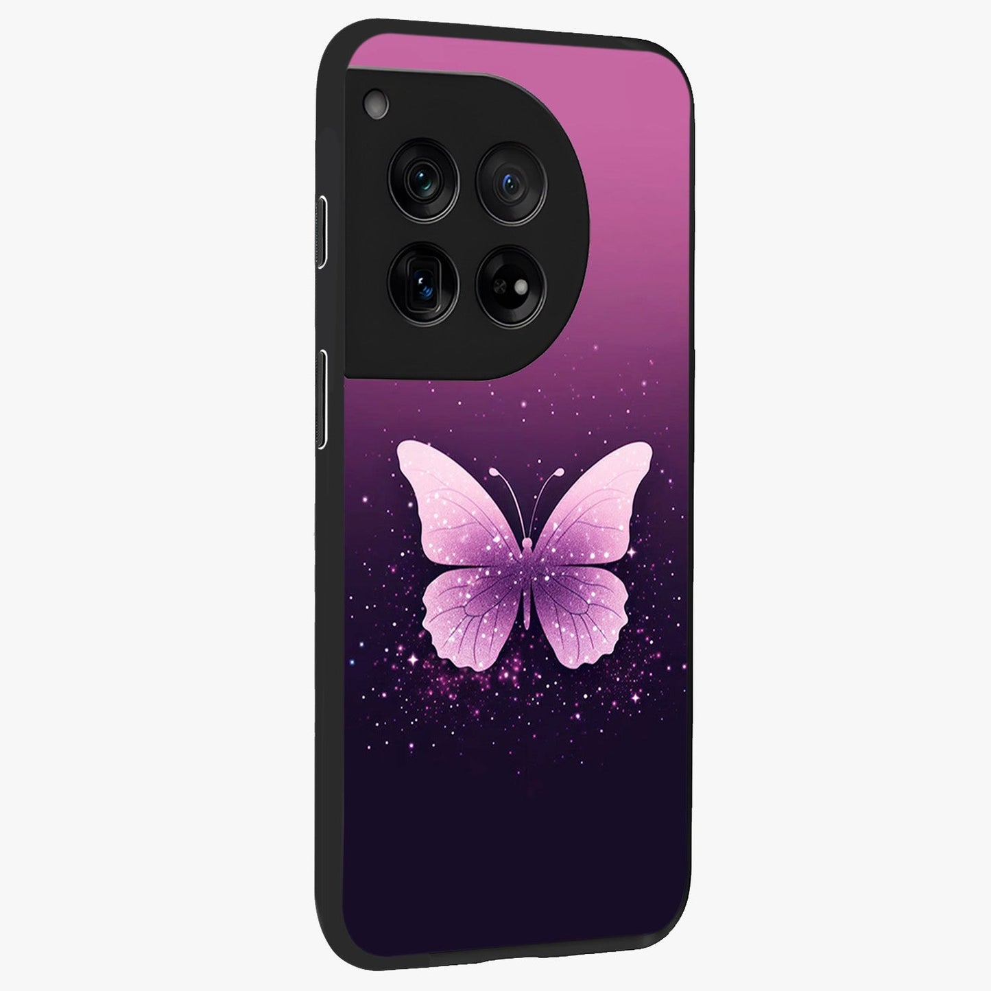 Cute Starry Butterfly Glass Case for 1+12 side perspective highlighting glowing star details and sleek edge finish