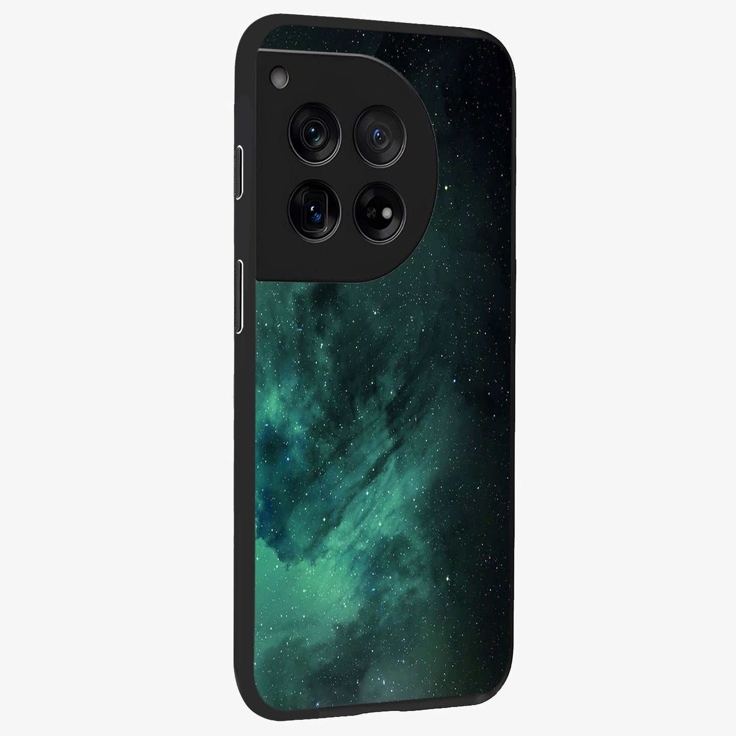 Emerald Green Space Glass Case for 1+12 side perspective highlighting luminous detailing and premium edge finish
