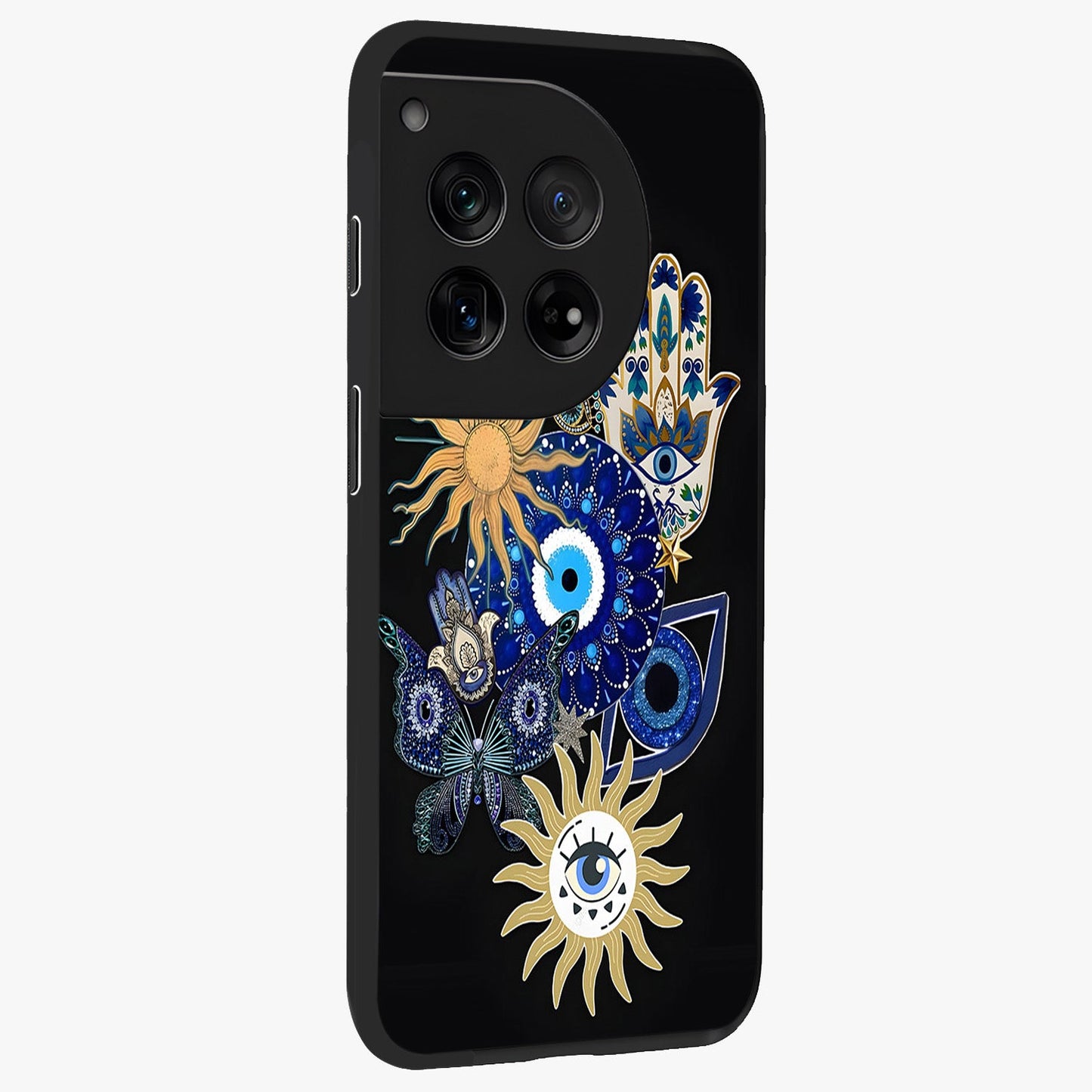 Evil Eye Charm Vibes Glass Case for 1+12 side perspective highlighting vibrant textures and premium edge finish