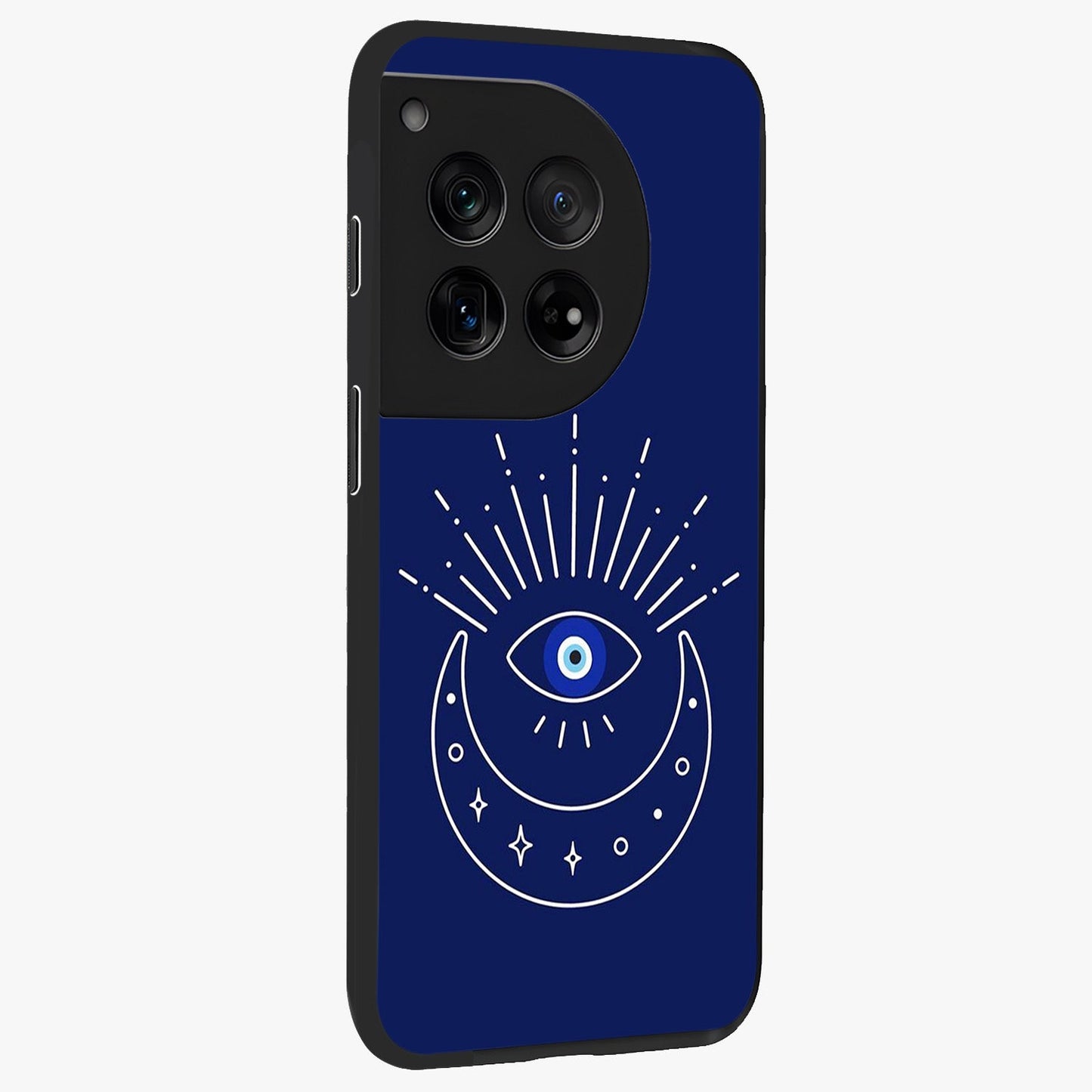 Evil Eye With Blue Themed Collage Glass Case for 1+12 side perspective highlighting bold collage detailing and smooth edges
