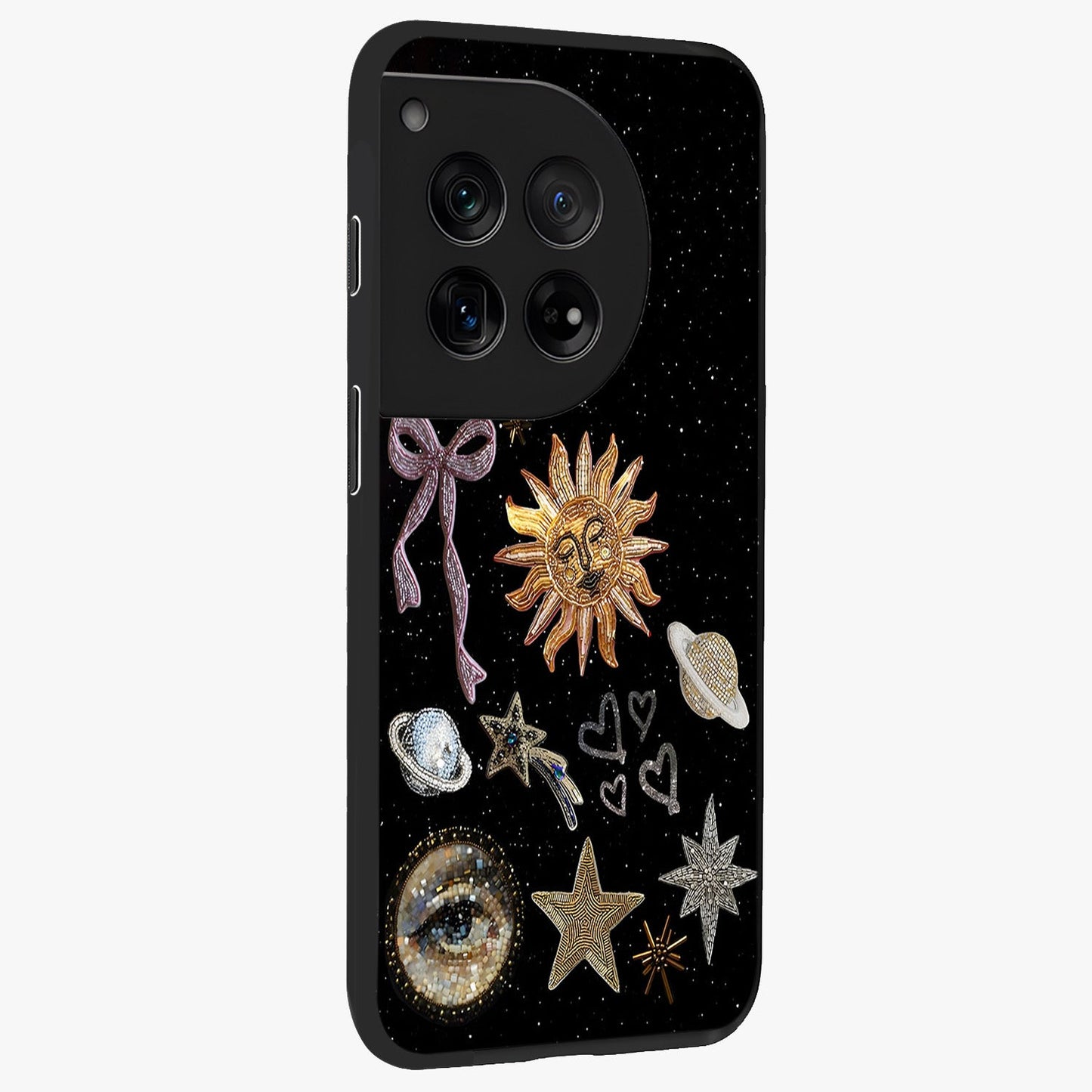 Galactic Sun Charm Glass Case for 1+12 side perspective highlighting glowing sun detailing and premium edge finish