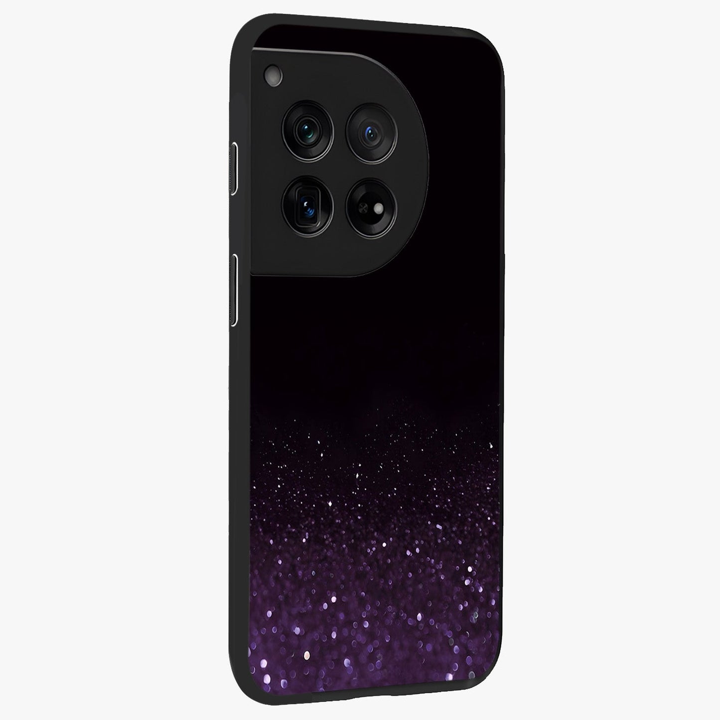Glittery Purple Bokeh Glass Case for 1+12 side perspective highlighting glowing textures and sleek premium edges