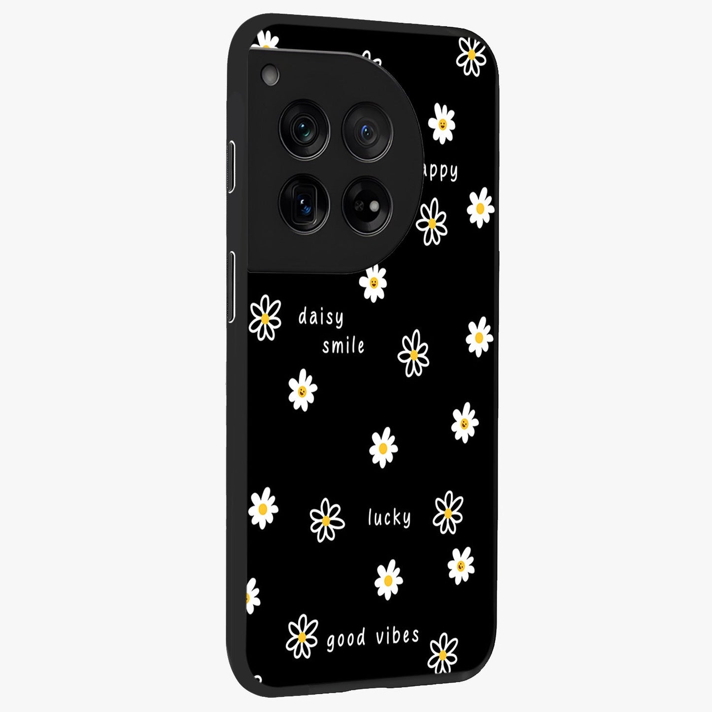 Good Vibes Daisy Black Pattern Glass Case for 1+12 side perspective highlighting playful daisy detailing and smooth edges
