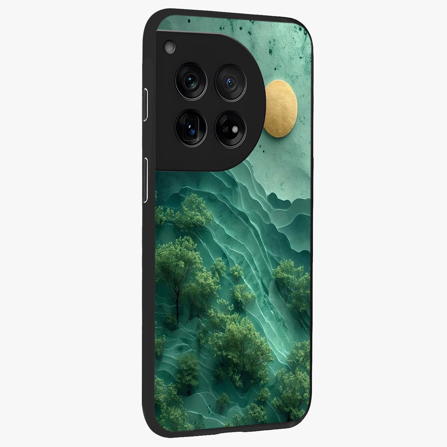 Green Hills With Sun Glass Case for 1+12 side perspective highlighting serene landscape textures and premium build