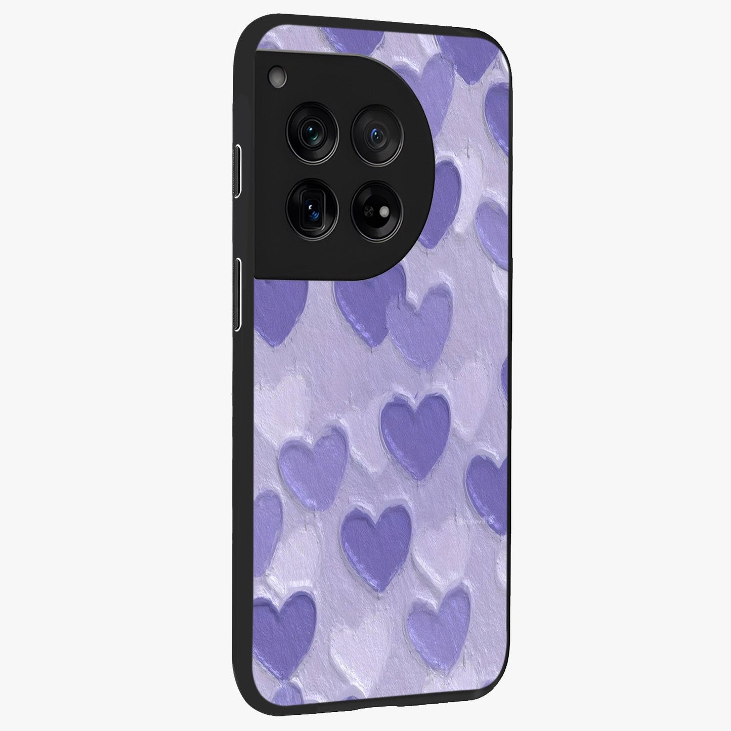 Lavender Paper Hearts Glass Case for 1+12 side perspective highlighting delicate heart textures and sleek build