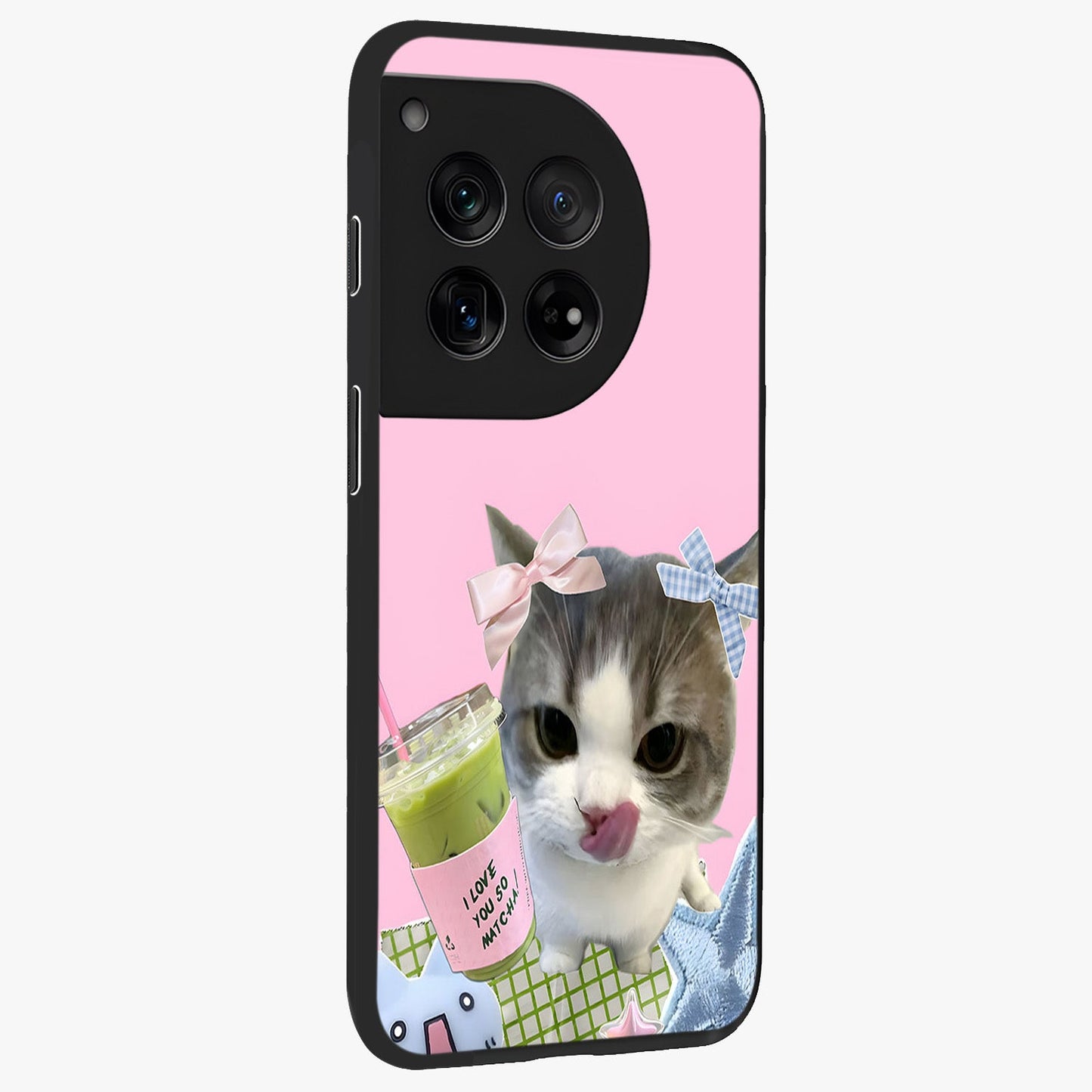 Love Matcha Cat Glass Case for 1+12 side perspective highlighting charming feline textures and smooth edges