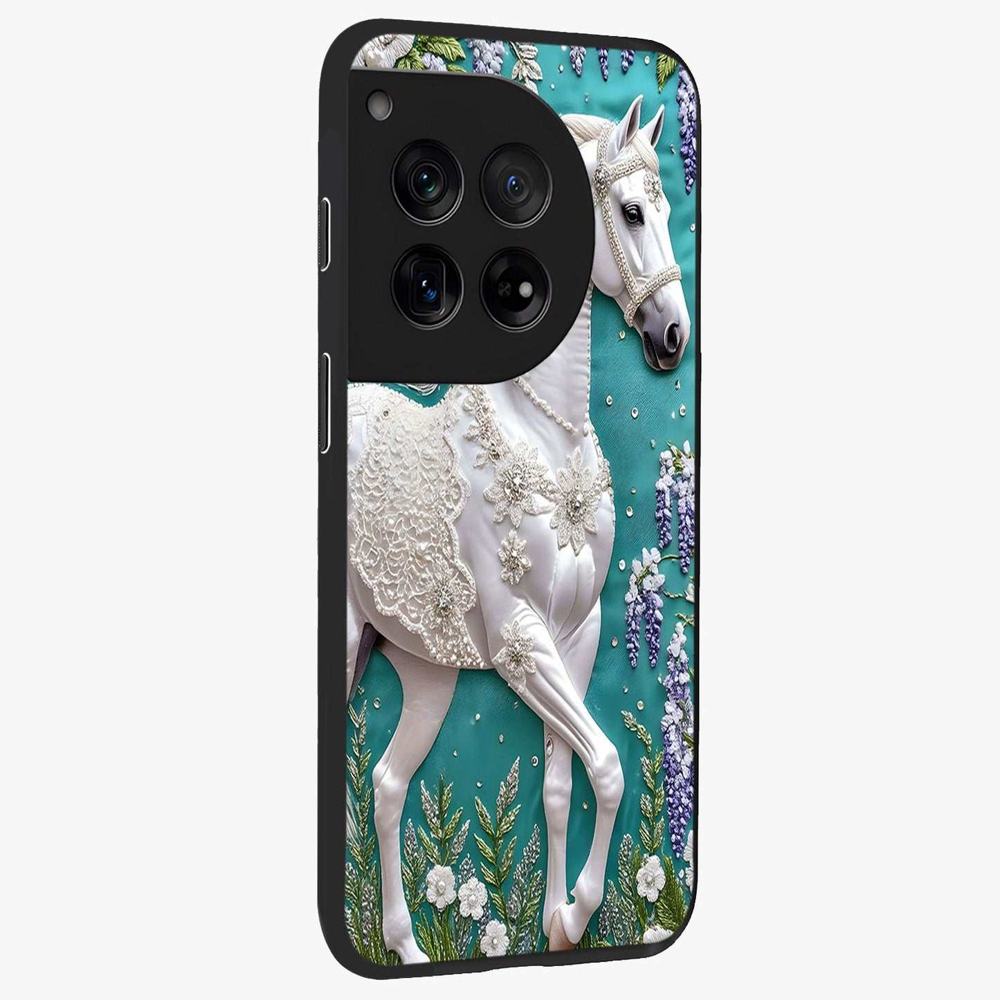 Majestic Floral Stallion Glass Case for 1+12 side perspective highlighting refined equestrian textures and premium edges