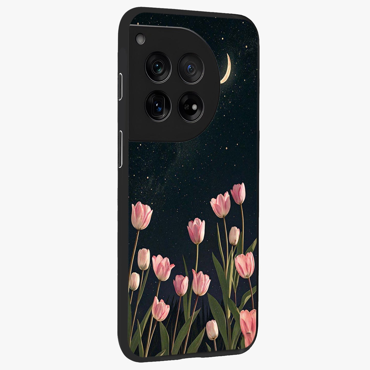 Midnight Tulip Whispers Vibe Glass Case for 1+12 side perspective highlighting graceful floral textures and premium edges