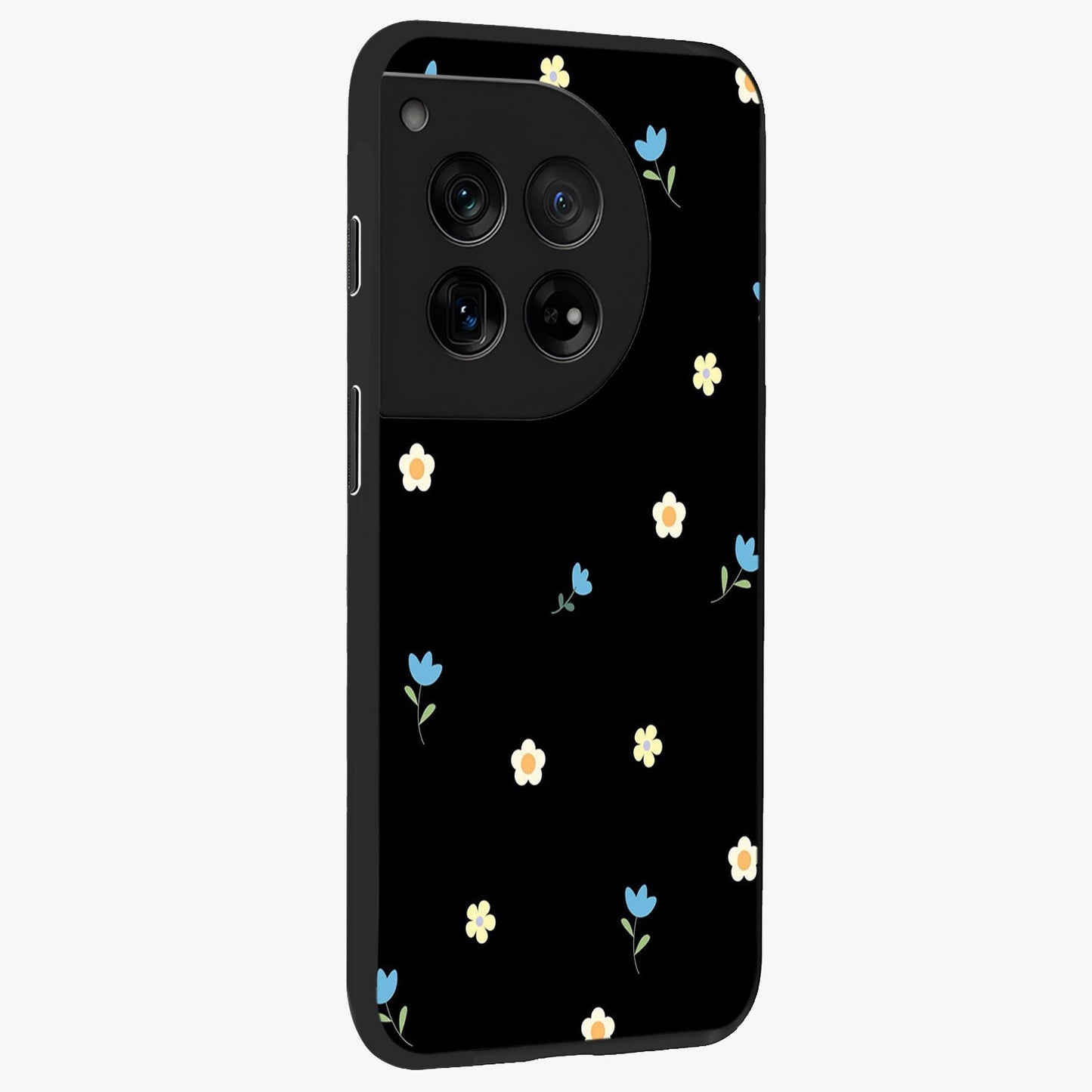 Minimalistic Blue With White Flower Pattern Glass Case for 1+12 side perspective highlighting subtle floral textures and premium edges