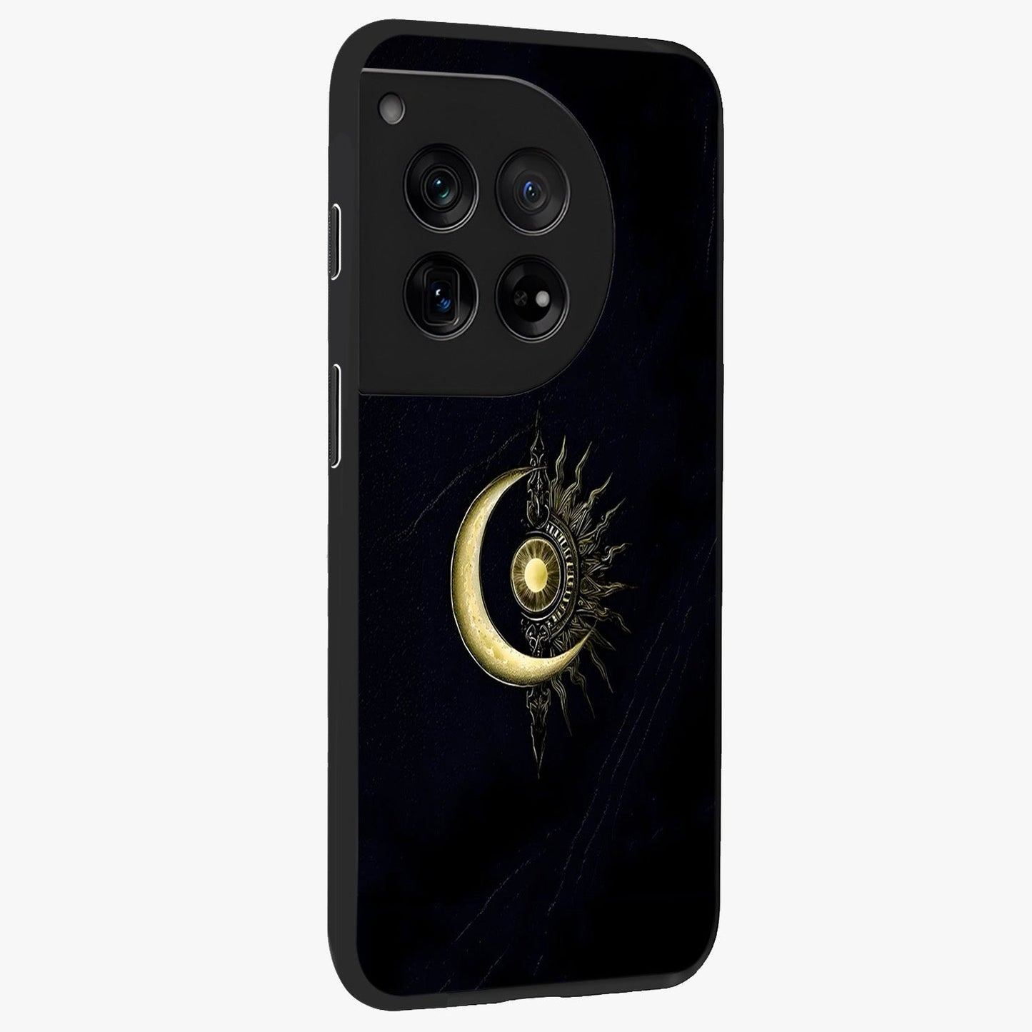 Mystic Lunar Flame Glass Case for 1+12 side perspective highlighting intense flame textures and premium build