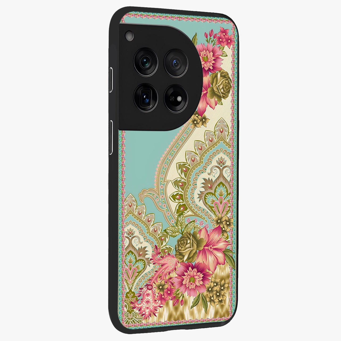 Ornate Mughal Floral Pattern Glass Case for 1+12 side perspective highlighting detailed ornamental textures and sleek build