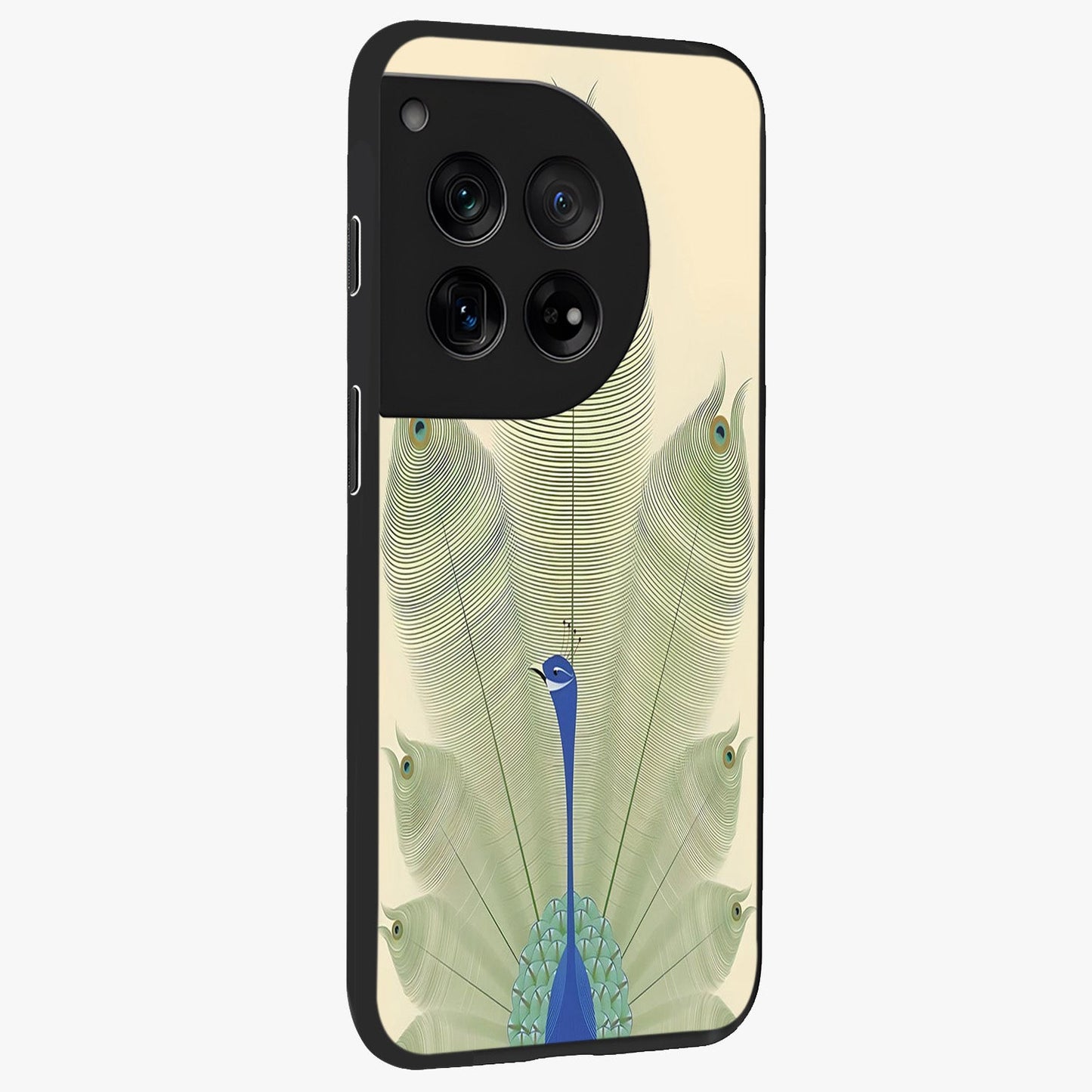 Peacock Feather Grace Glass Case for 1+12 side perspective highlighting intricate plume textures and premium edges