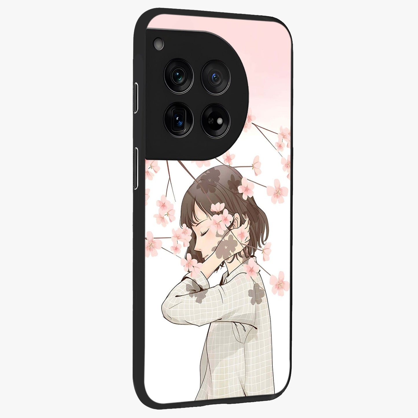 Pink Blossom Girl Glass Case for 1+12 side perspective highlighting elegant textures and premium edges