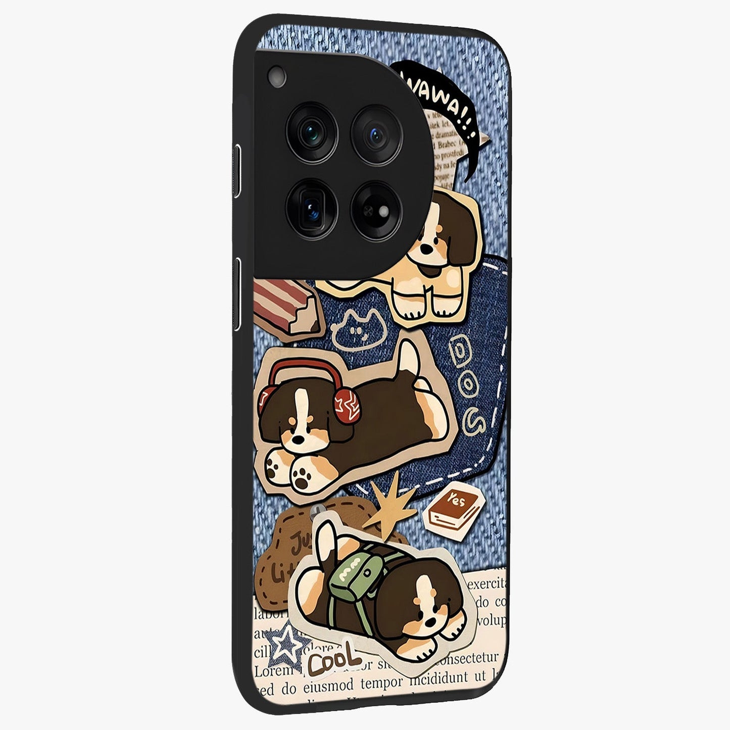 Puppy Sticker Parade Glass Case for 1+12 side perspective highlighting fun sticker textures and premium edges