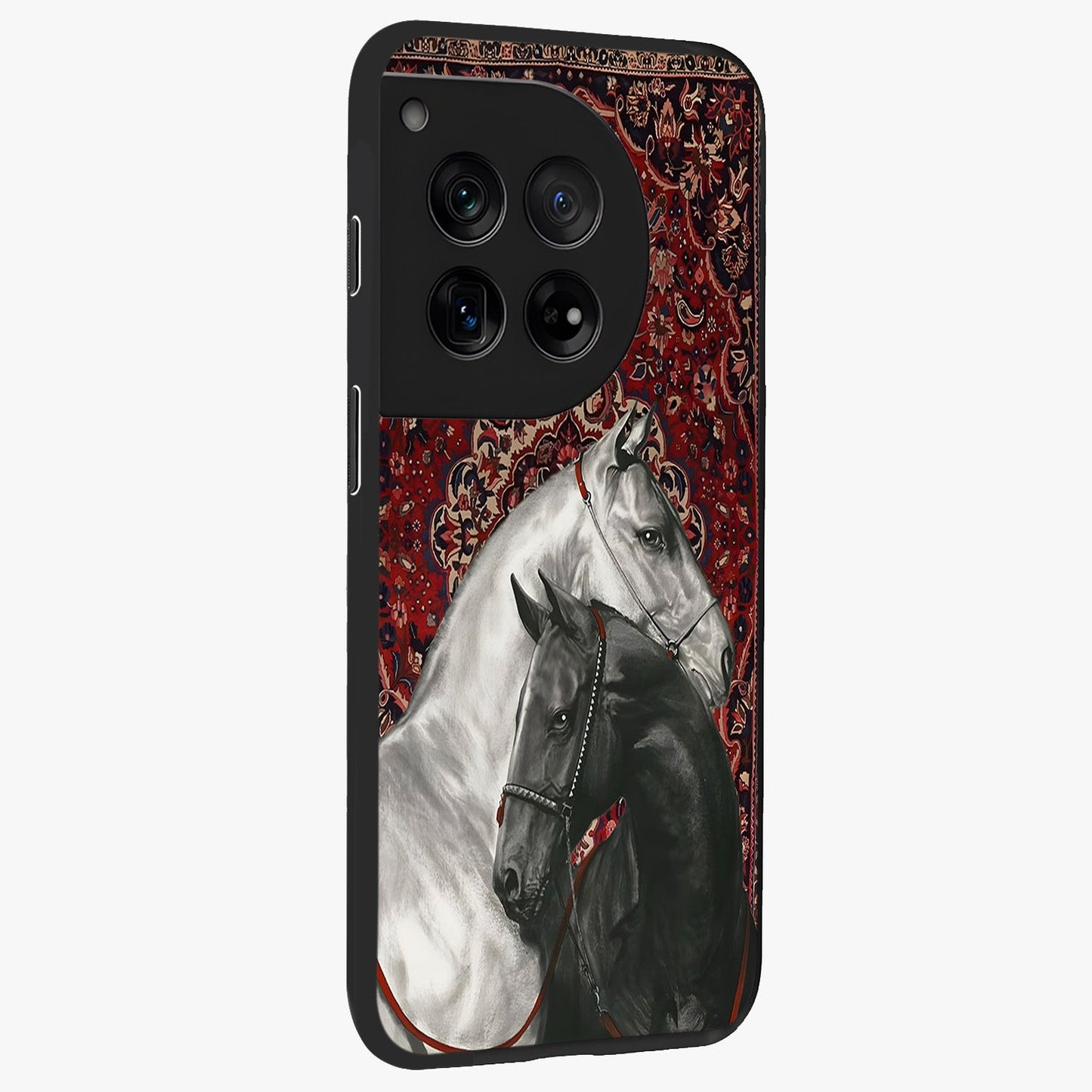 Regal Stallion Tapestry Glass Case for 1+12 side perspective highlighting intricate equestrian textures and premium edges