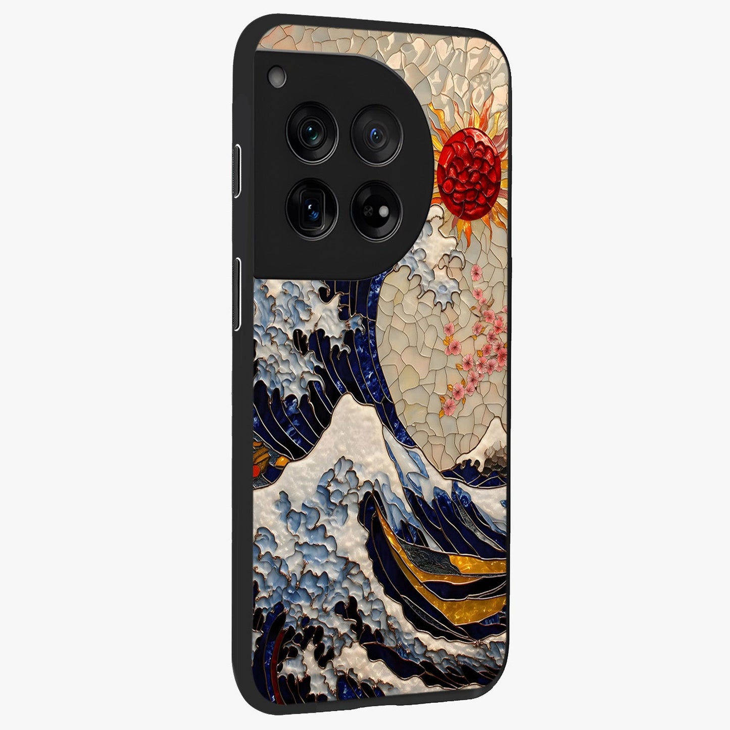 Rising Wave Glory Glass Case for 1+12 side perspective highlighting fluid wave textures and sleek premium build