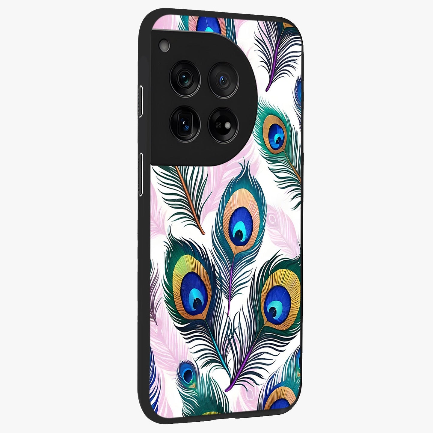 Royal Peacock Feathers Glass Case for 1+12 side perspective highlighting intricate plume textures and sleek premium build