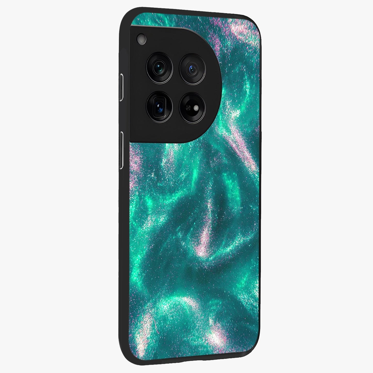 Shimmering Nebula Waves Glass Case for 1+12 side perspective highlighting luminous textures and smooth build