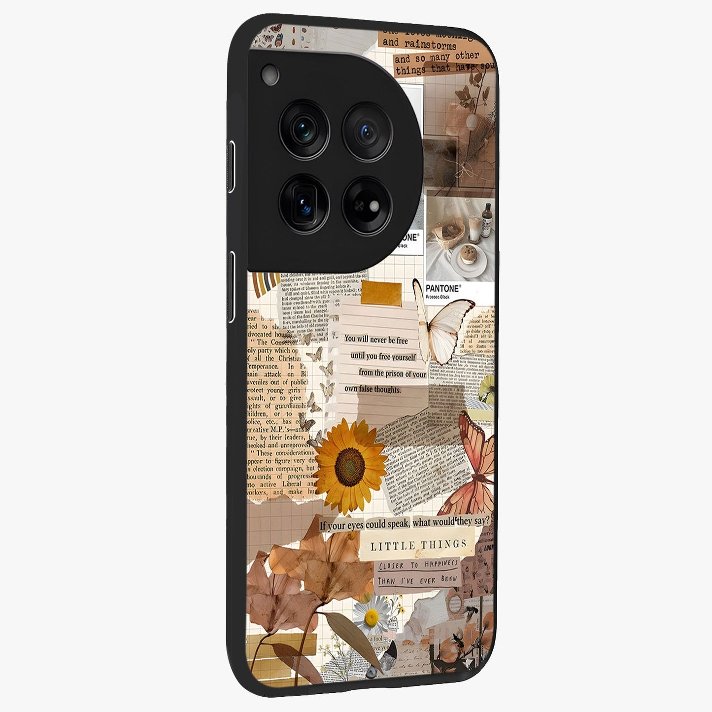 Vintage Aesthetic Collage Glass Case for 1+12 side perspective highlighting textured layers and premium edges