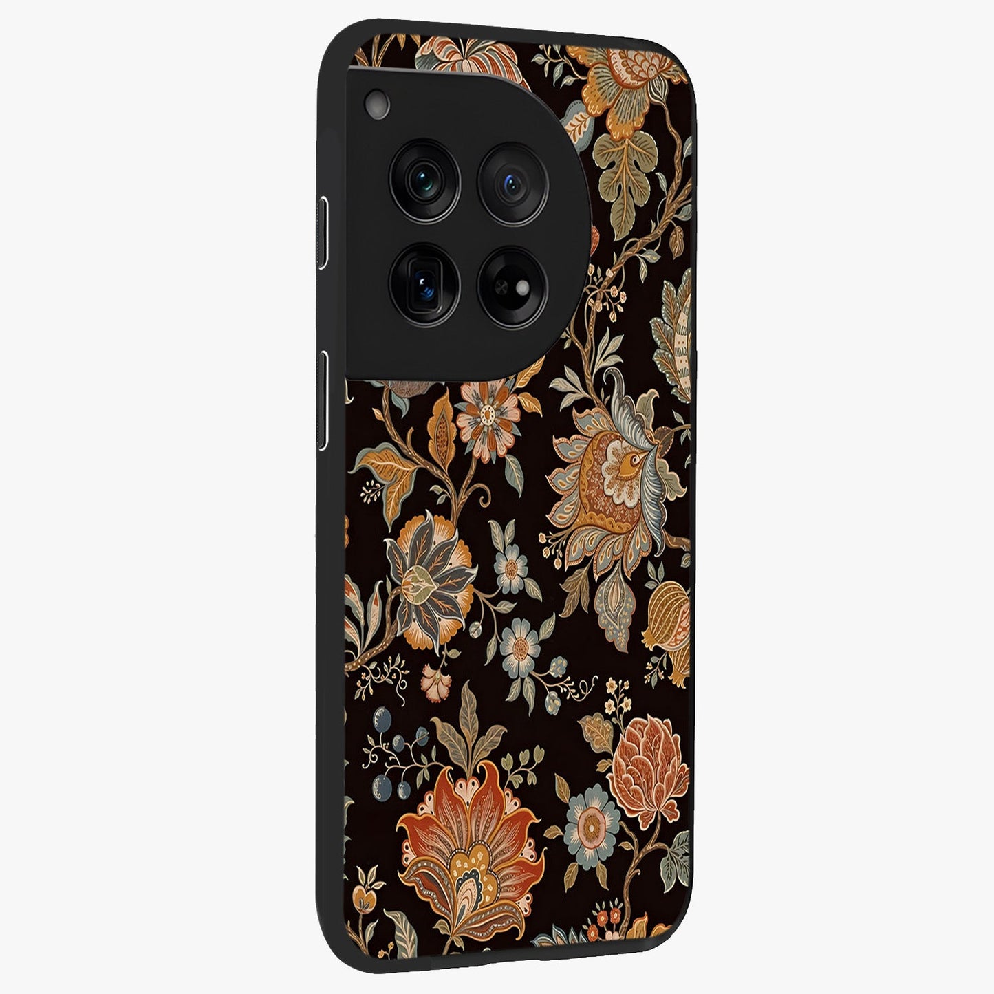 Vintage Floral Dream Glass Case for 1+12 side perspective highlighting delicate textures and sleek premium build