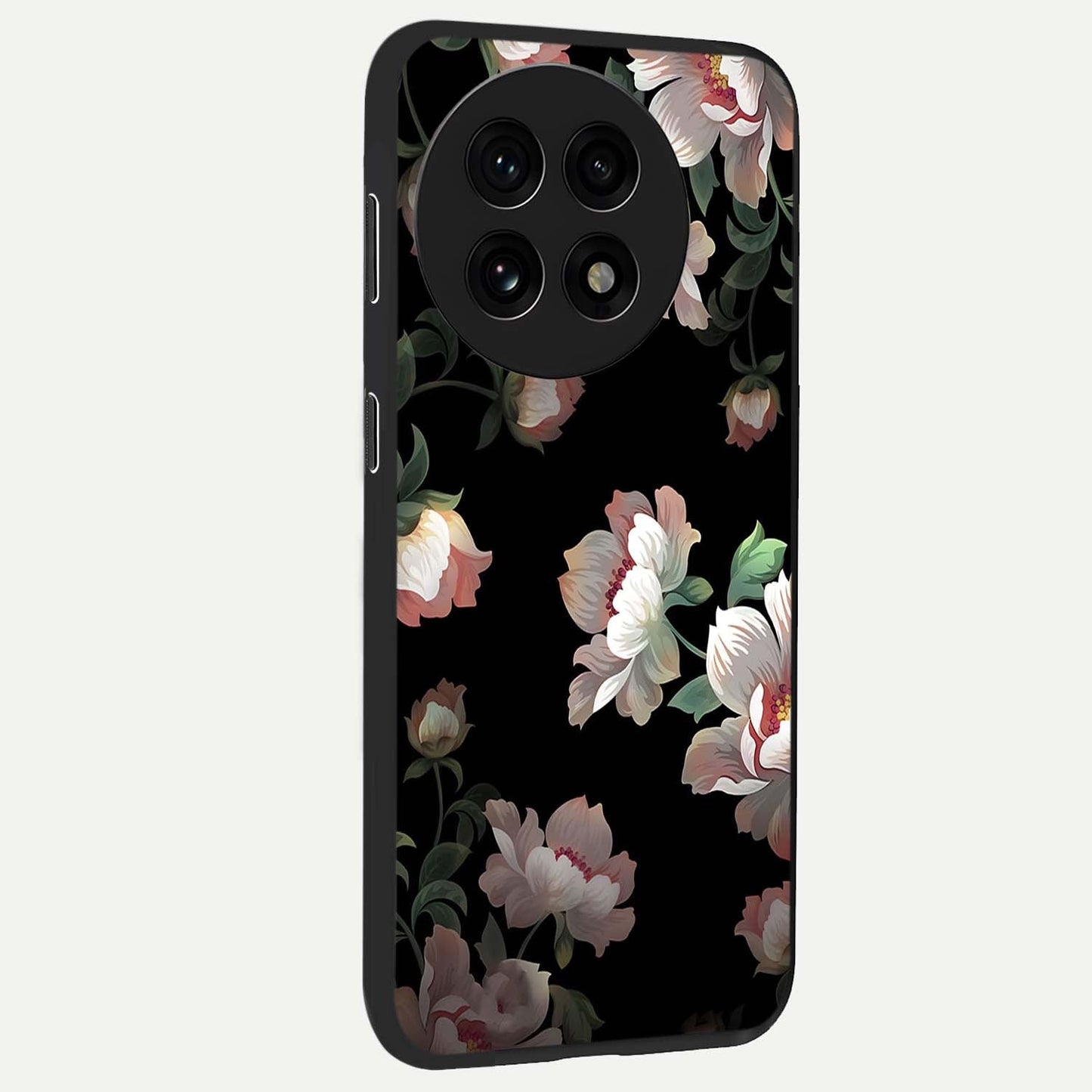 Abstract Embossed Blooming Bright Flower Glass Case for 1+13R side perspective highlighting bright embossed flower texture