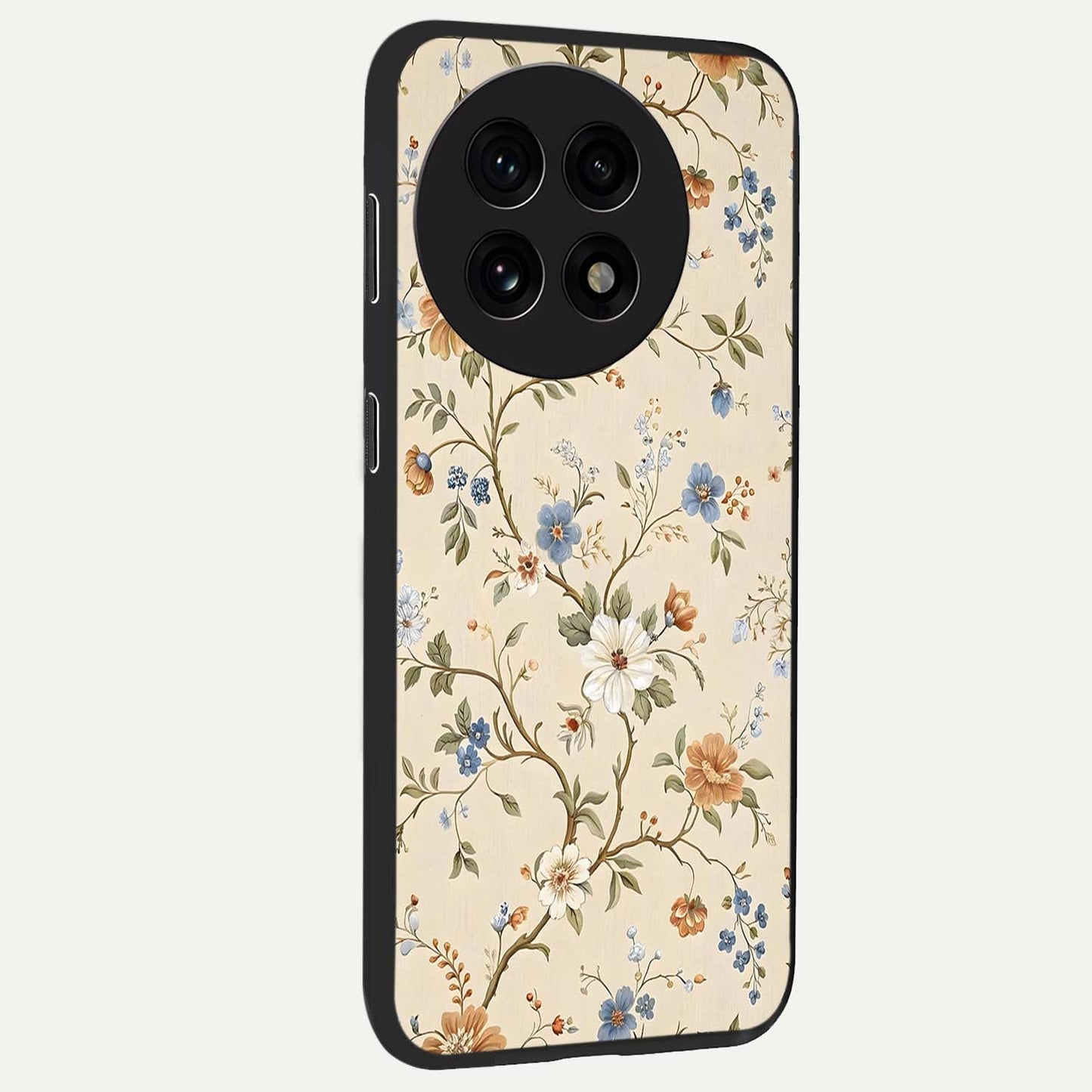 Beige Vintage Flower Glass Case for 1+13R side perspective highlighting subtle tones and premium floral detailing