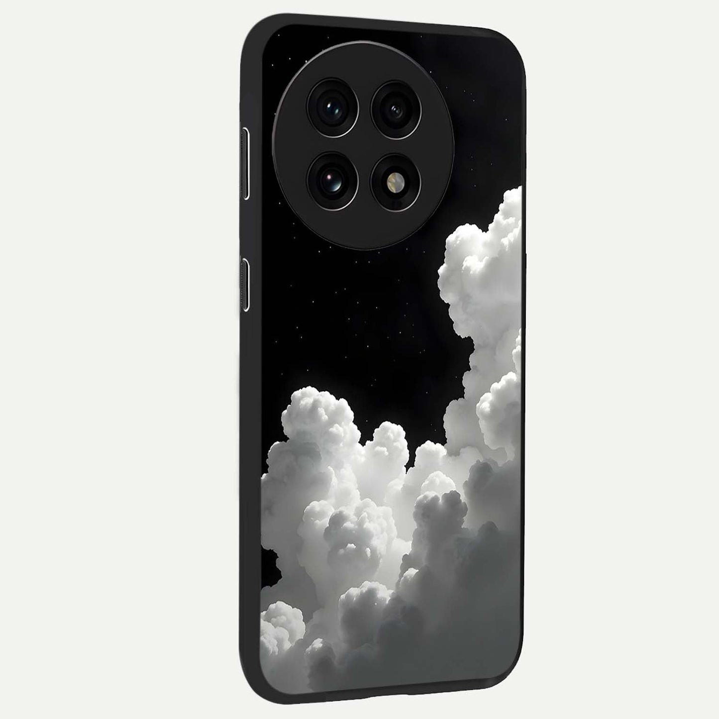 Black Background With White Cloud Glass Case for 1+13R side perspective highlighting smooth edges and minimalist sky theme