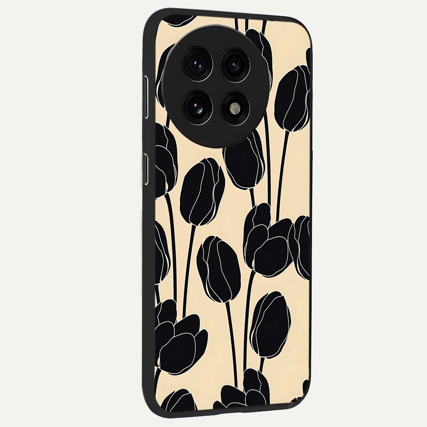 Black Designer Tulip Glass Case for 1+13R side perspective highlighting bold contrast and stylish tulip illustration