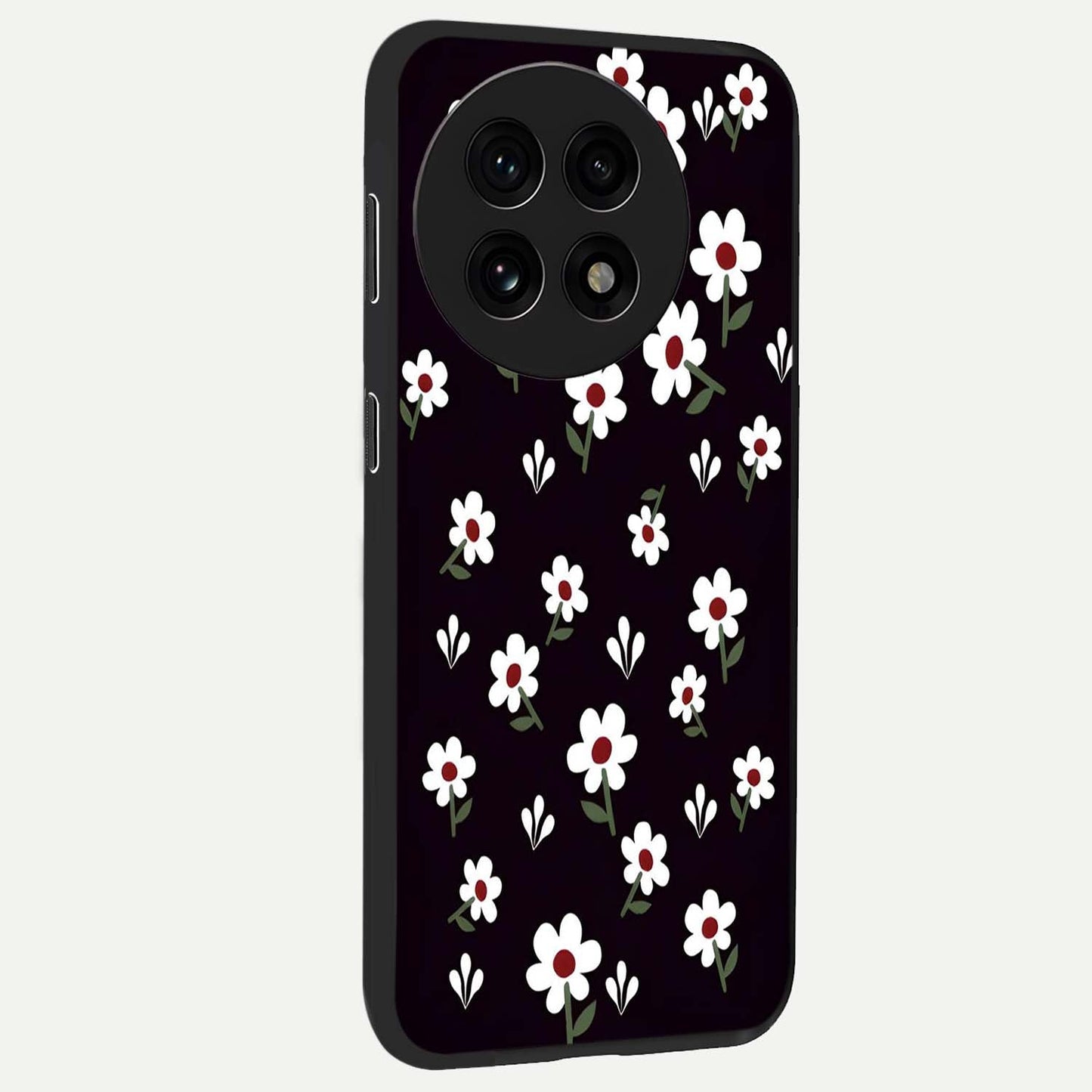 Black Prints Daisy Flower Pattern Glass Case for 1+13R side perspective highlighting delicate daisy details and smooth edges