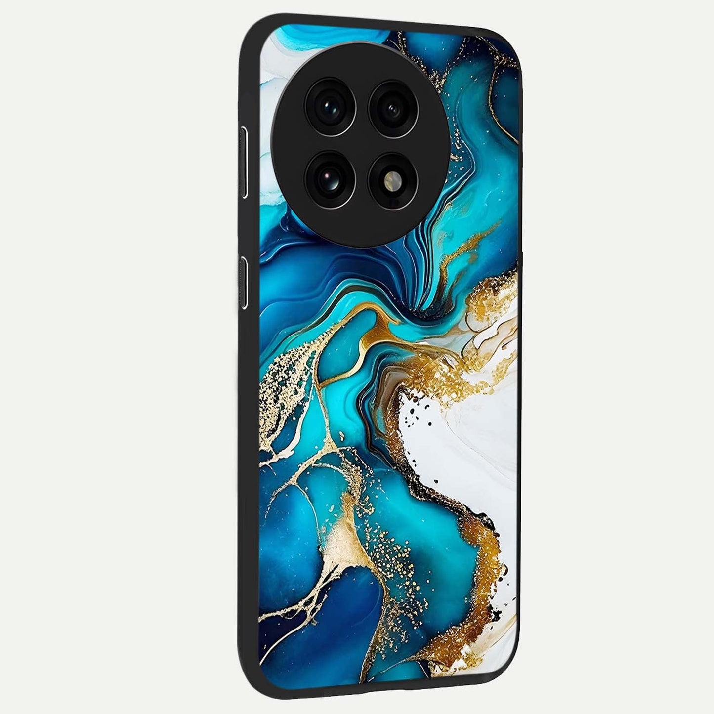 Blue and White Marble With Golden Viens Art Glass Case for 1+13R side perspective highlighting rich marble textures and elegant gold accents