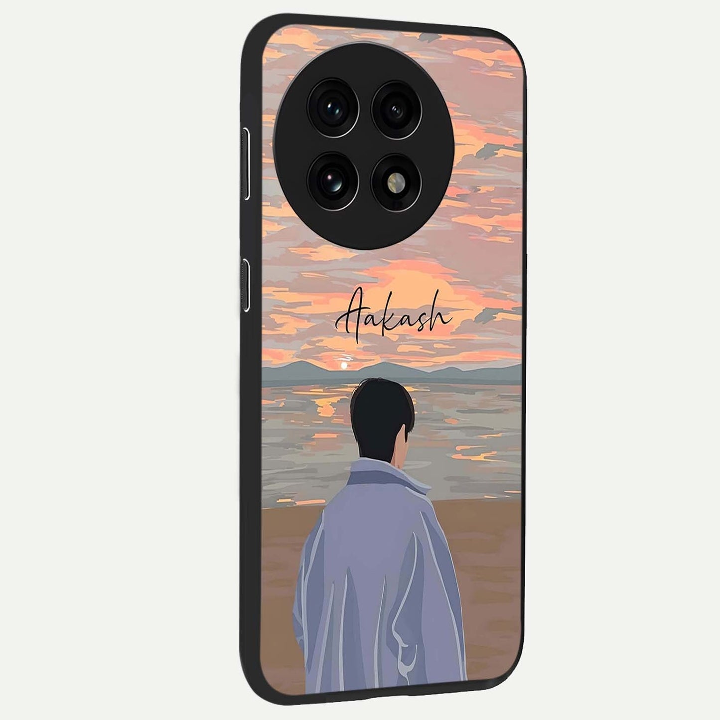Boy Facing Sunset Beach Glass Case for 1+13R side perspective highlighting calming sunset gradients and smooth edges