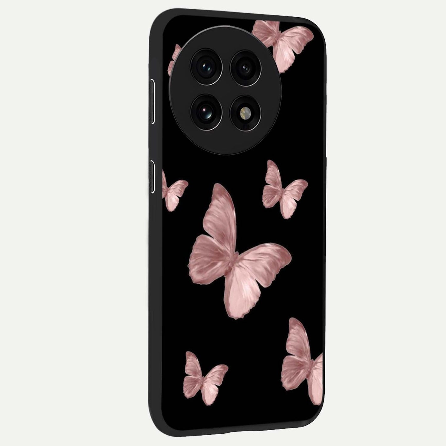 Butterfly Pattern Glass Case for 1+13R side perspective highlighting smooth edges and vibrant butterfly patterns