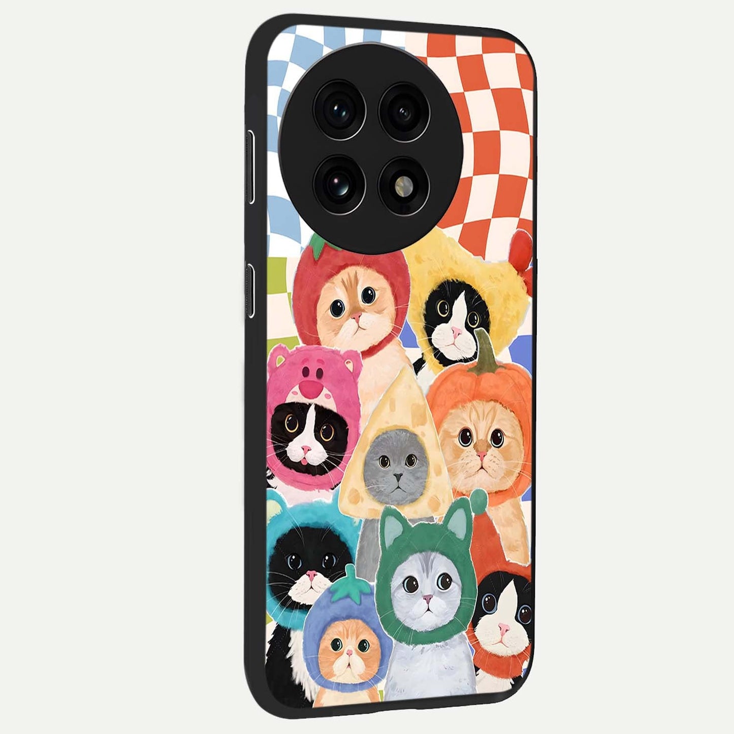 Cats in Fruits Glass Case for 1+13R side perspective highlighting fun detailing and premium smooth edges