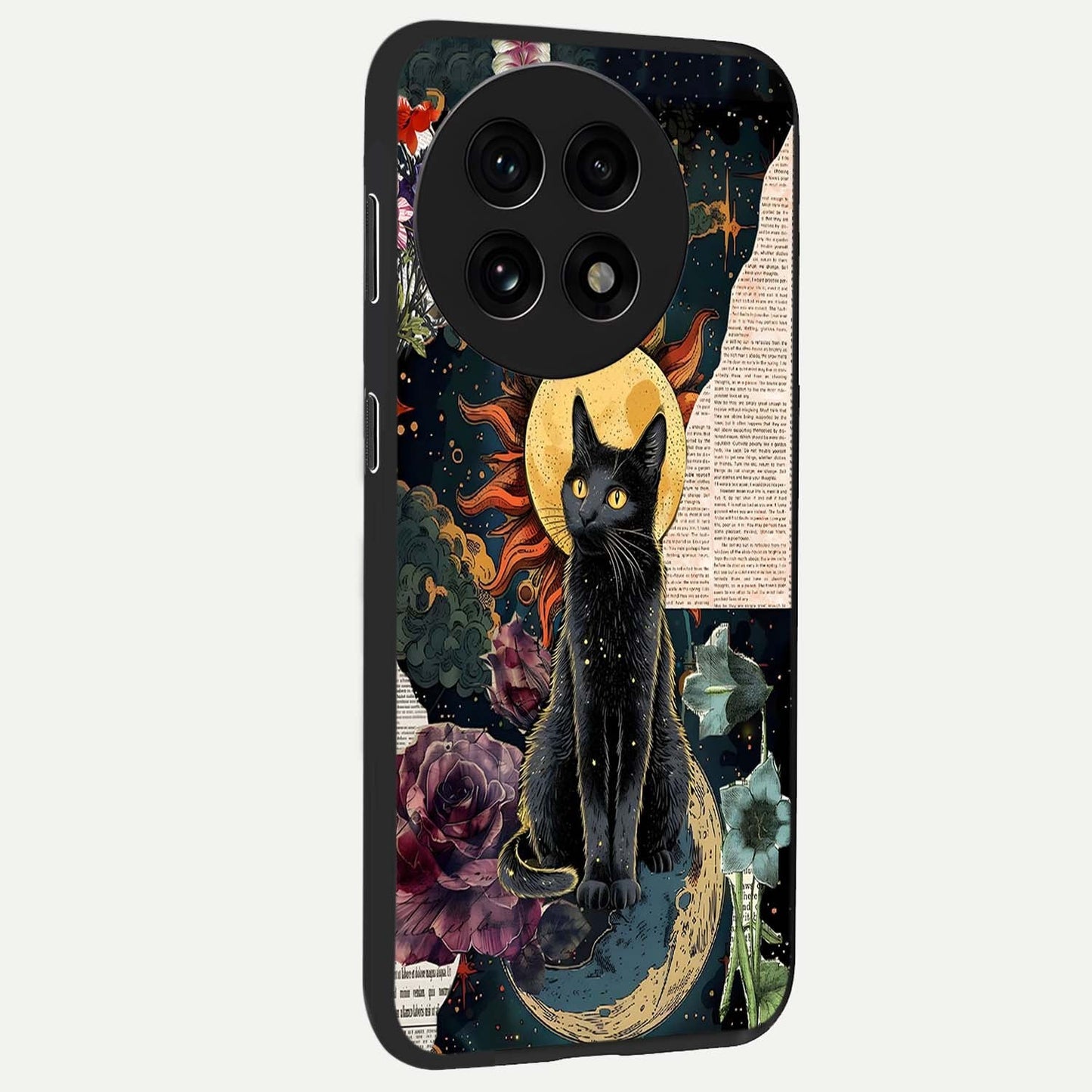 Celestial Black Cat Glass Case for 1+13R side perspective highlighting dark cosmic tones and premium edges