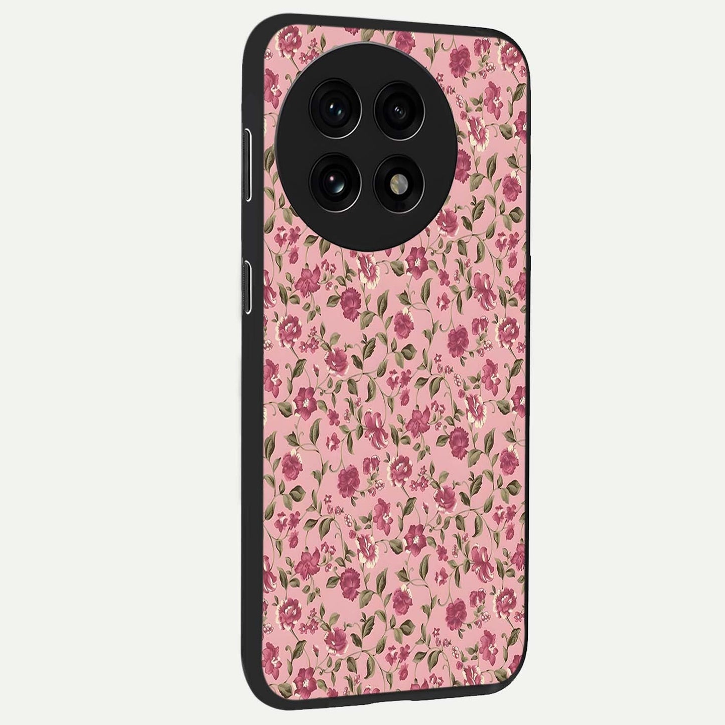 Charming Pink Floral Glass Case for 1+13R side perspective highlighting subtle floral textures and smooth edges