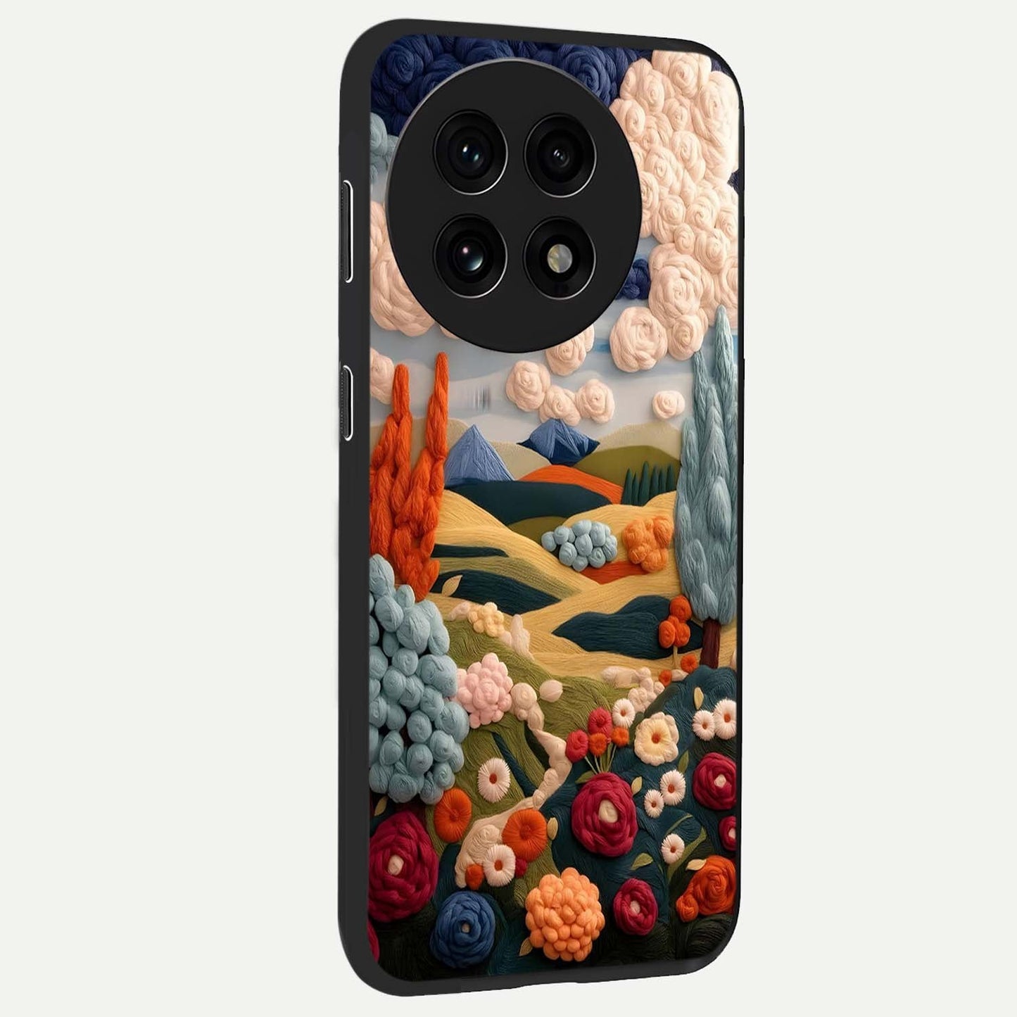 Cloud Cotton Meadows Printed Glass Case for 1+13R side perspective highlighting smooth edges and delicate meadow detailing
