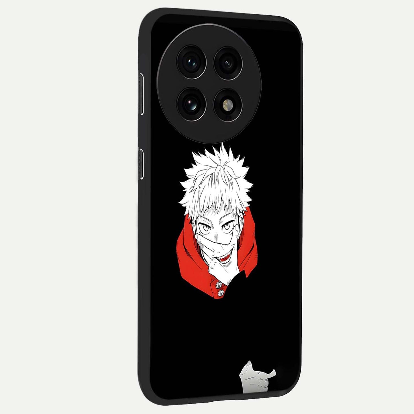 Crimson Chaos Smile Glass Case for 1+13R side perspective highlighting intense color contrast and sleek edges