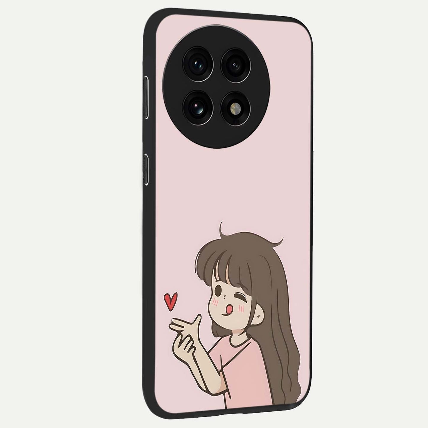 Cute Kiss Heart Glass Case for 1+13R side perspective highlighting delicate heart detailing and premium edge finish