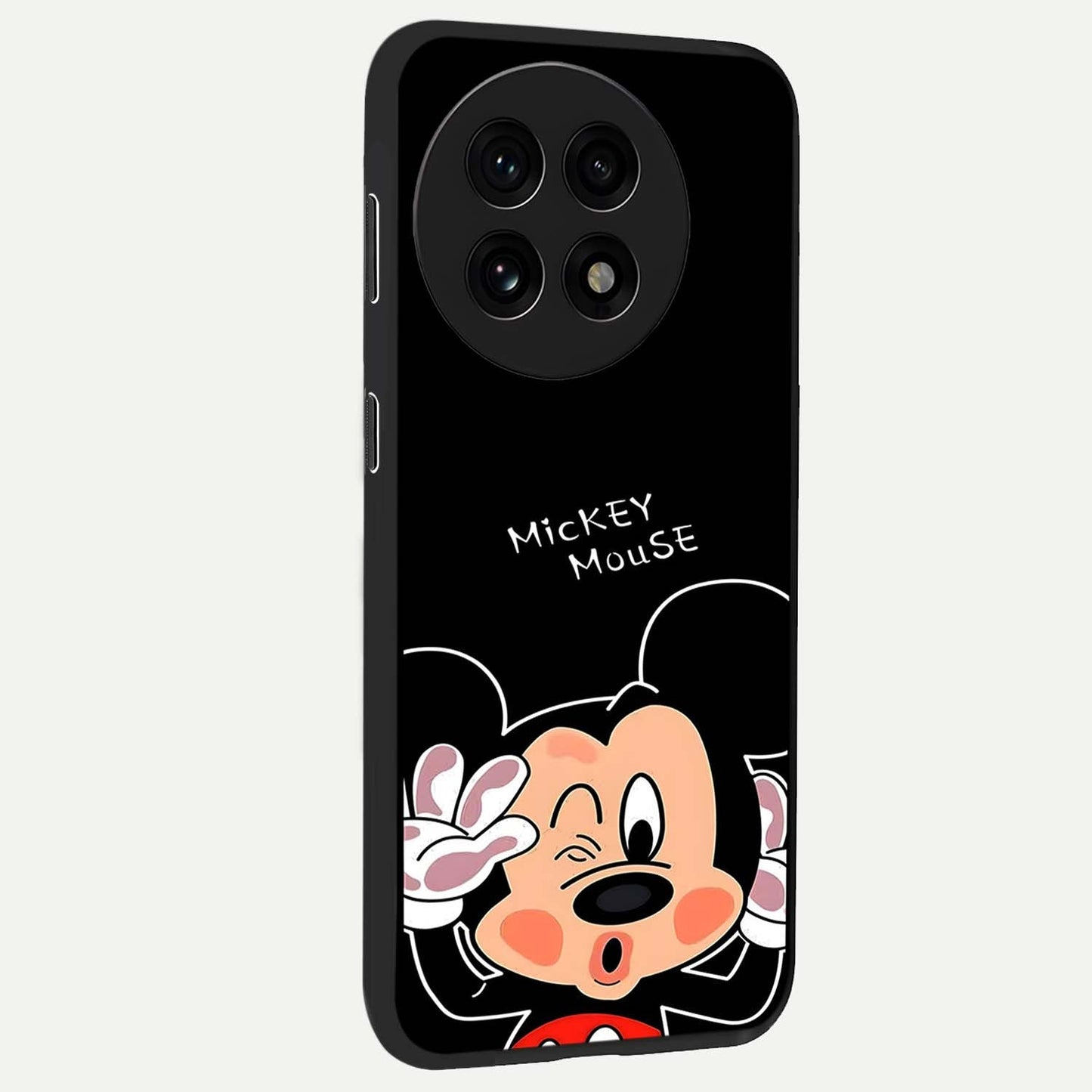 Cute Mickey Love Glass Case for 1+13R side perspective highlighting cute illustration textures and smooth edges