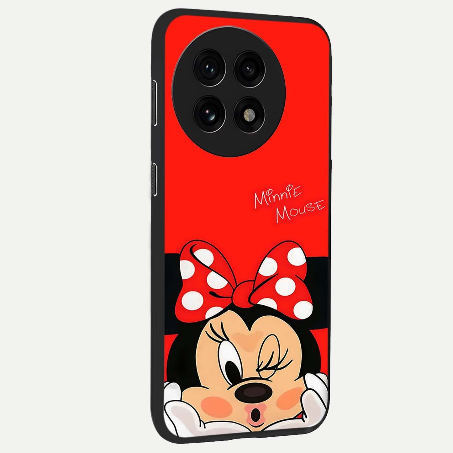 Cute Minnie Love Glass Case for 1+13R side perspective highlighting cute illustration textures and smooth premium edges