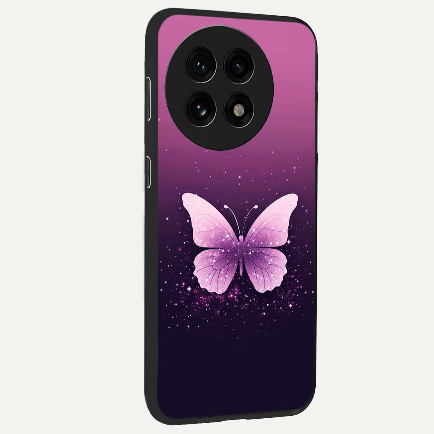 Cute Starry Butterfly Glass Case for 1+13R side perspective highlighting glowing star details and sleek edge finish